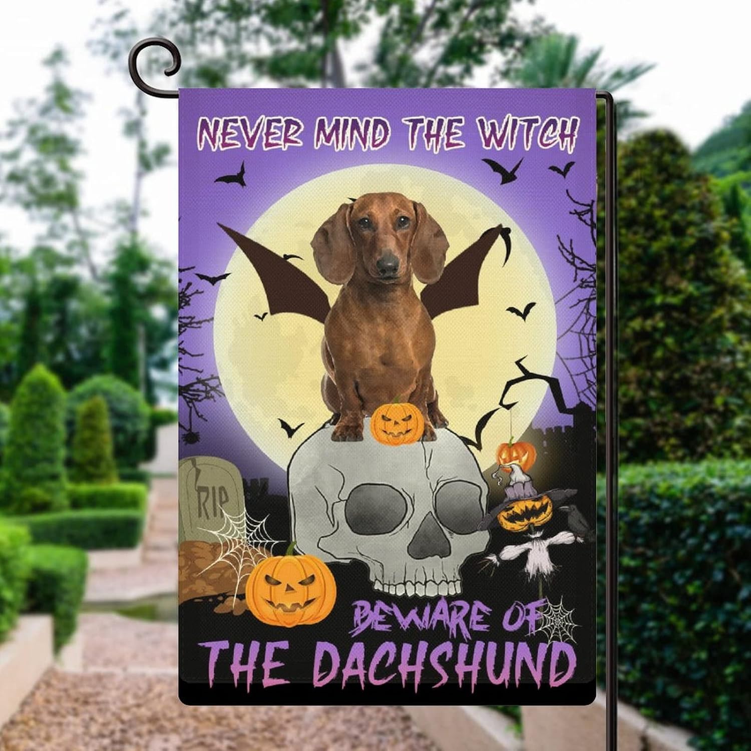 Never Mind The Witch Beware Of The Dog Garden Flag Dachshund Decorative Flag Vertical Double Side Banner Funny Decor for Yard Home Door Outdoor Gate Lawn 28x40 Inch