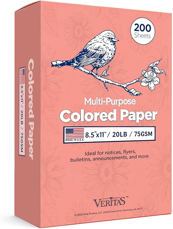 WritePads Veritas Colored Copy Paper, Multi-Purpose paper, Colored Printer Paper 8.5” x 11”, 20 lb / 75 GSM,Salmon,200 Sheets (1 Reams)，Made in USA