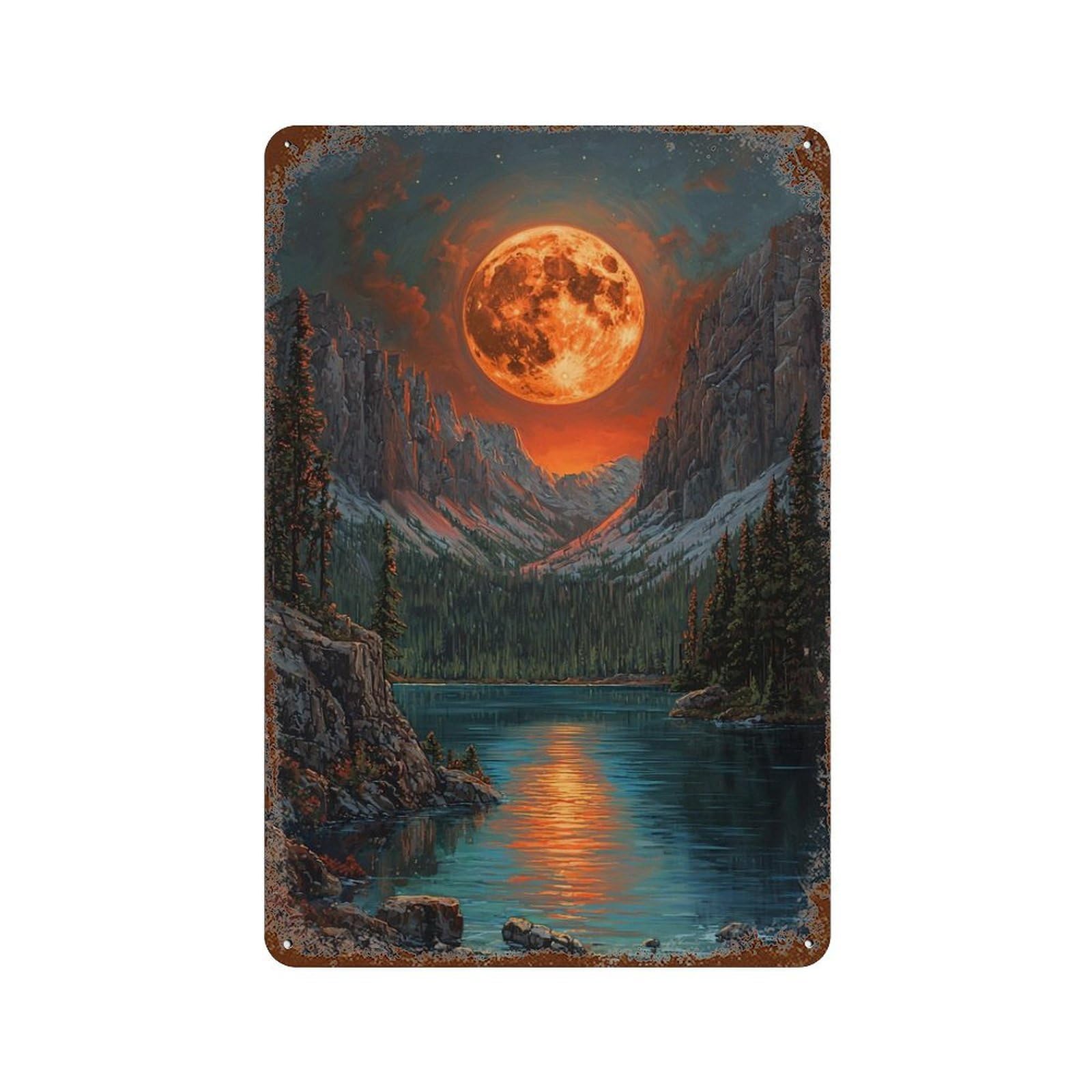 Moonlit Mountain Lake Vintage Wall Sign 11.8"x7.9", Rust Effect Metal Decor for Living Room, Hallway And Home Decor