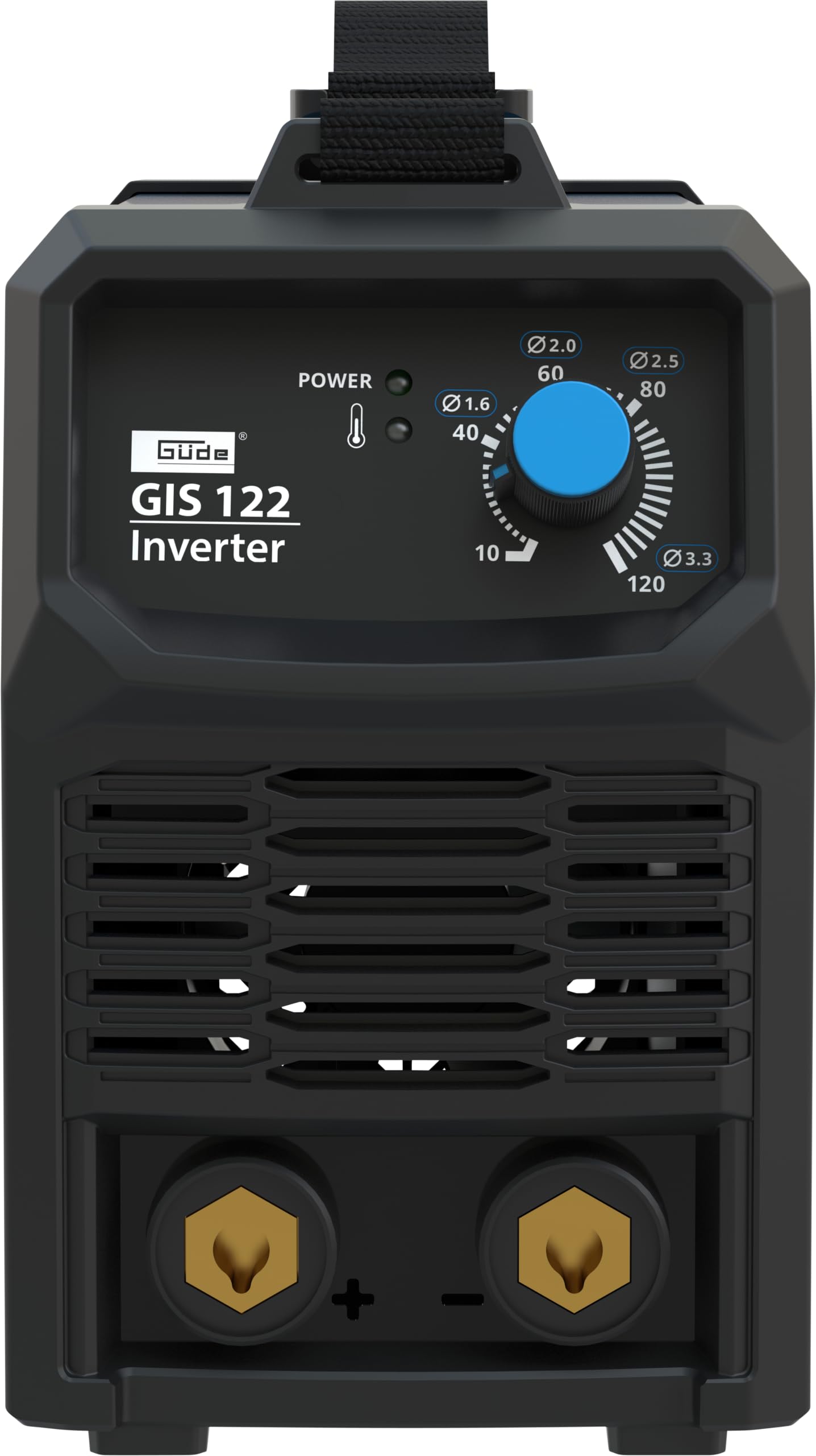 Güde GIS 122 - Soldadora inversora (230 V, 16,7 W de potencia de ralentí, 3,6 kVA máx. potencia de red, rango de regulación de 10-120 A, incluye soporte para electrodos, abrazadera de tierra, martillo