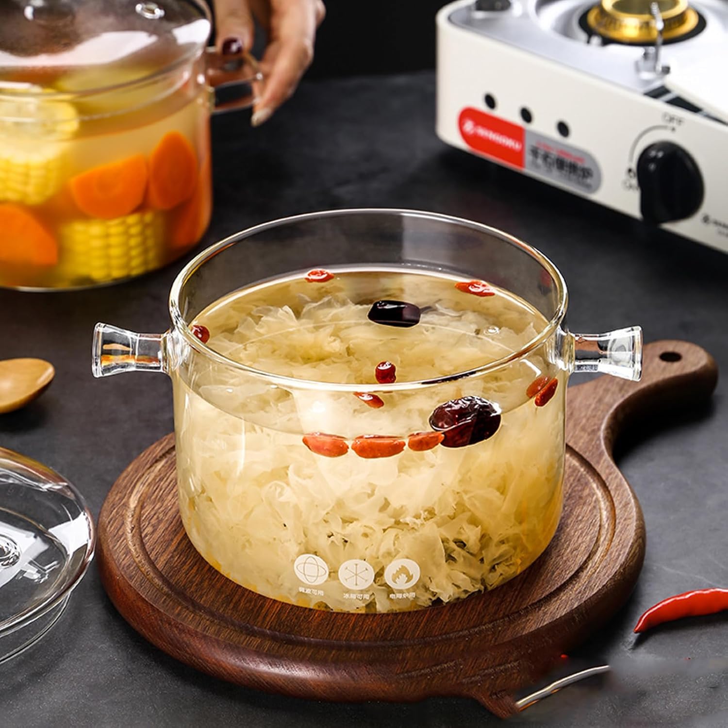 Glass Ribbed Cooking Pot with Lid Heat Resistant Borosilicate Glass Cookware Stovetop Pot Set - Simmer Pot with Cover Safe for Soup, Milk, Baby Food(1.6L）