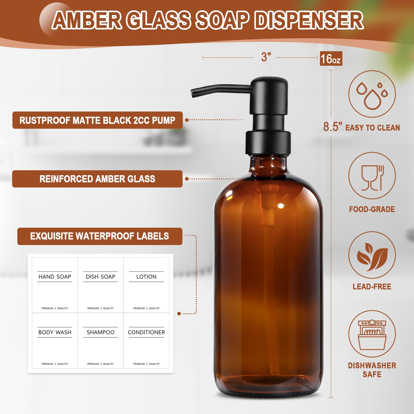 Set dispenser di sapone per mani e piatti, per cucina, dispenser di sapone in vetro ambrato con pompa in acciaio inossidabile, set di dispenser di sapone da cucina con vassoio in legno, dispenser di
