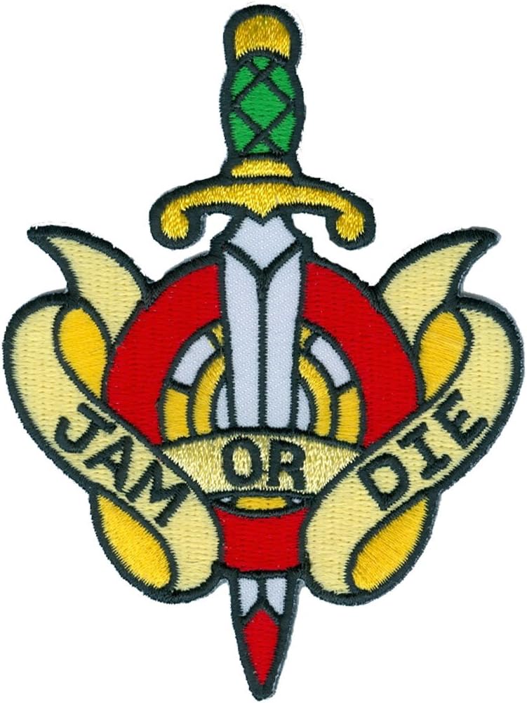 Novelty Tattoo Iron On Patch - Jam Or Die Roller Derby Crest w/Dagger Sword Applique