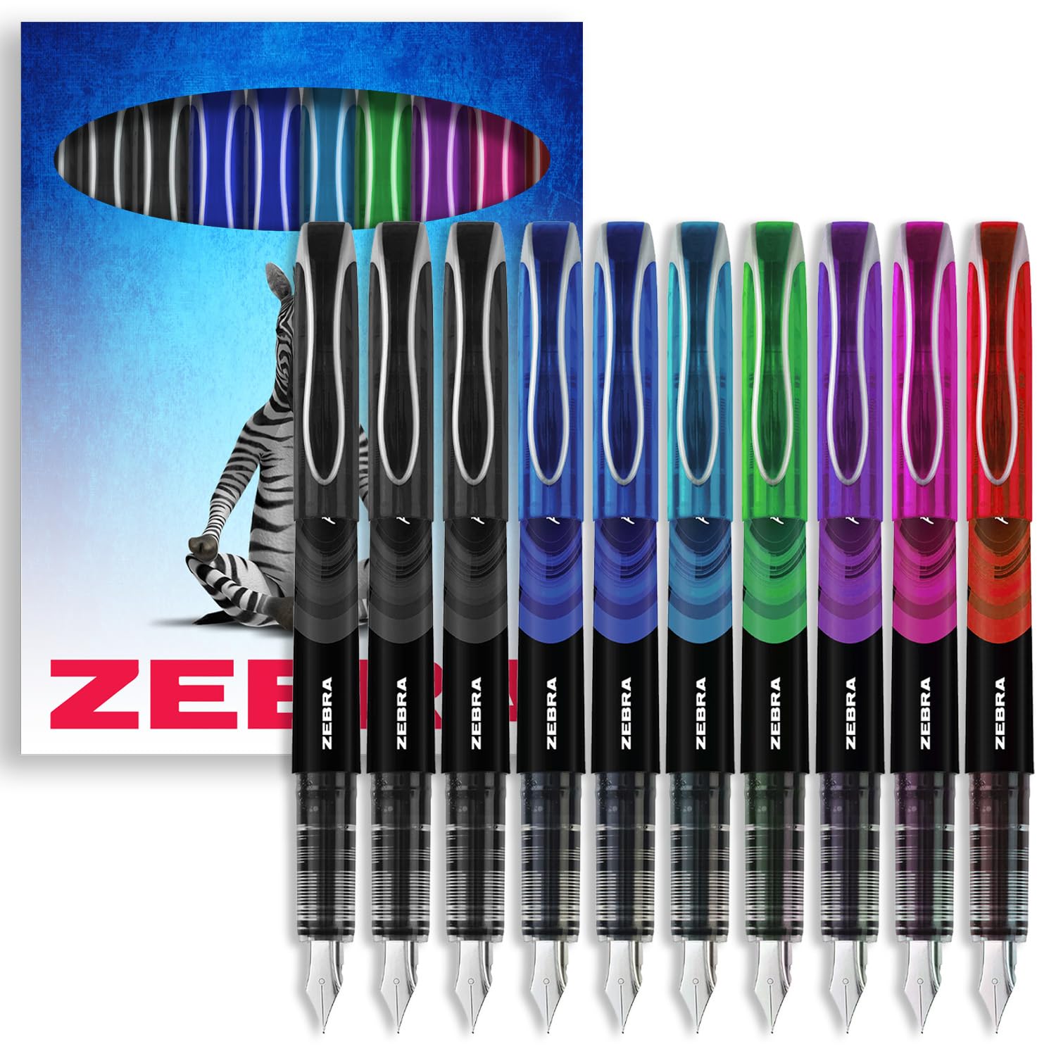 Zebra Fuente, Disposable Fountain Pen, Black, Blue, Red, Green, Violet, Light Blue & Pink Coloured Ink
