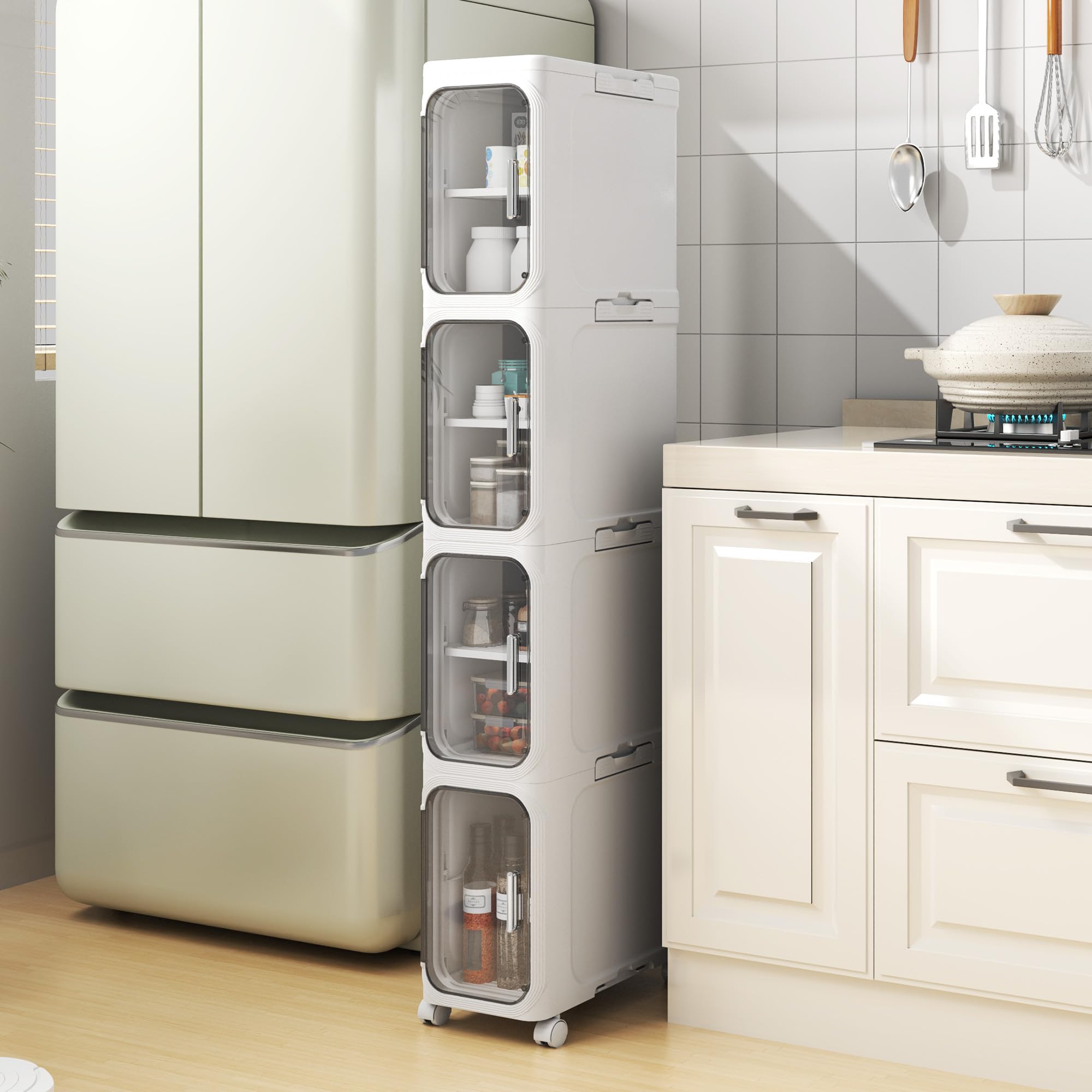 Schmaler Badezimmerschrank, freistehendes Aufbewahrungsmöbel aus Kunststoff mit Tür, wasserdichter Kleiner Rollwagen mit Rädern für Wohnzimmer, Küche (21W*127H*34D, 4 Ebenen)