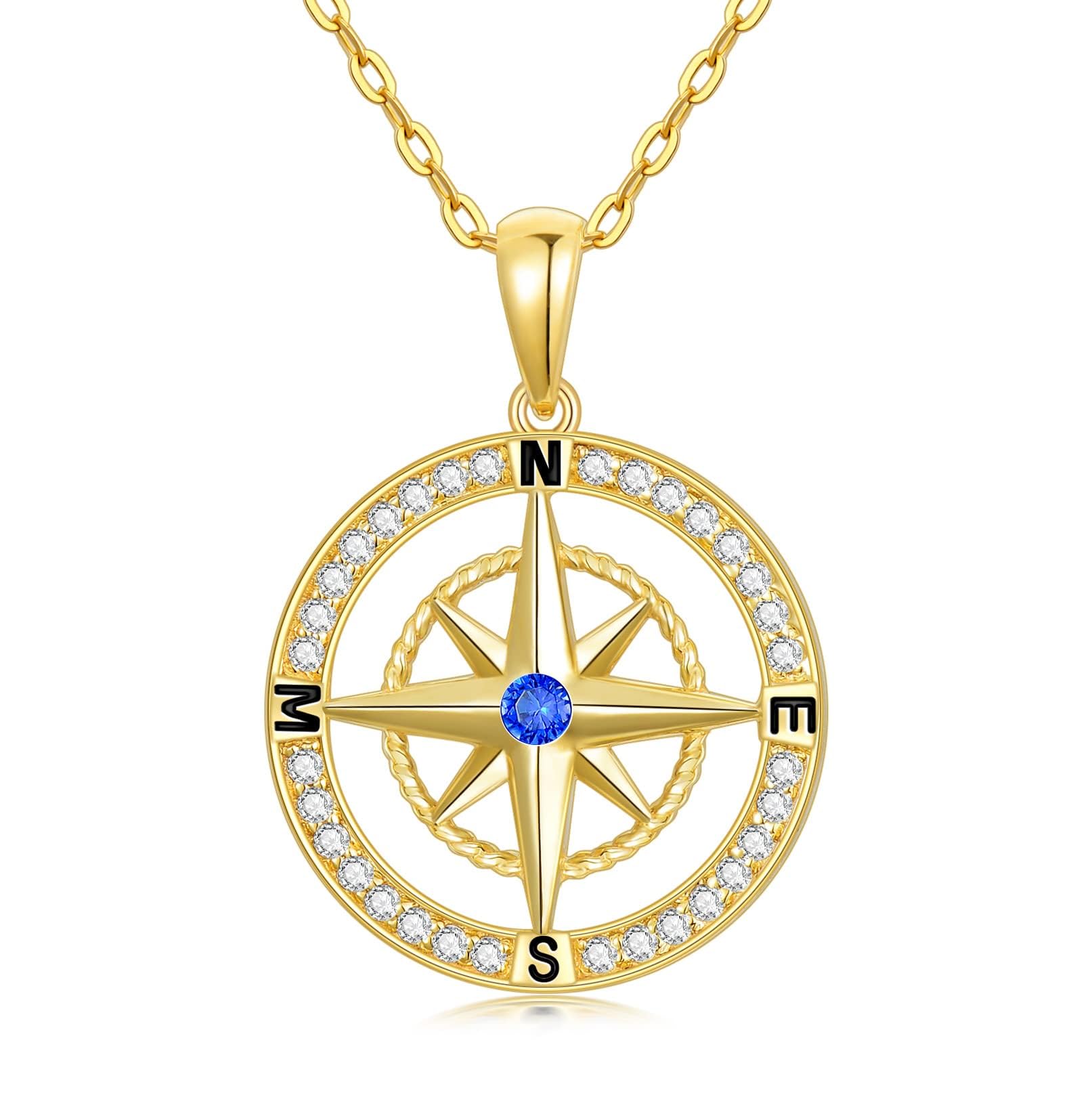 9k Echtgold Kompass Halskette für Damen,9ct/375 Gold Anhänger Halskette mit Zirkonia Frauen Schmuck Kompass Kette Geschenke Geburtstag Weihnachten 40+5 cm(Stil 2)