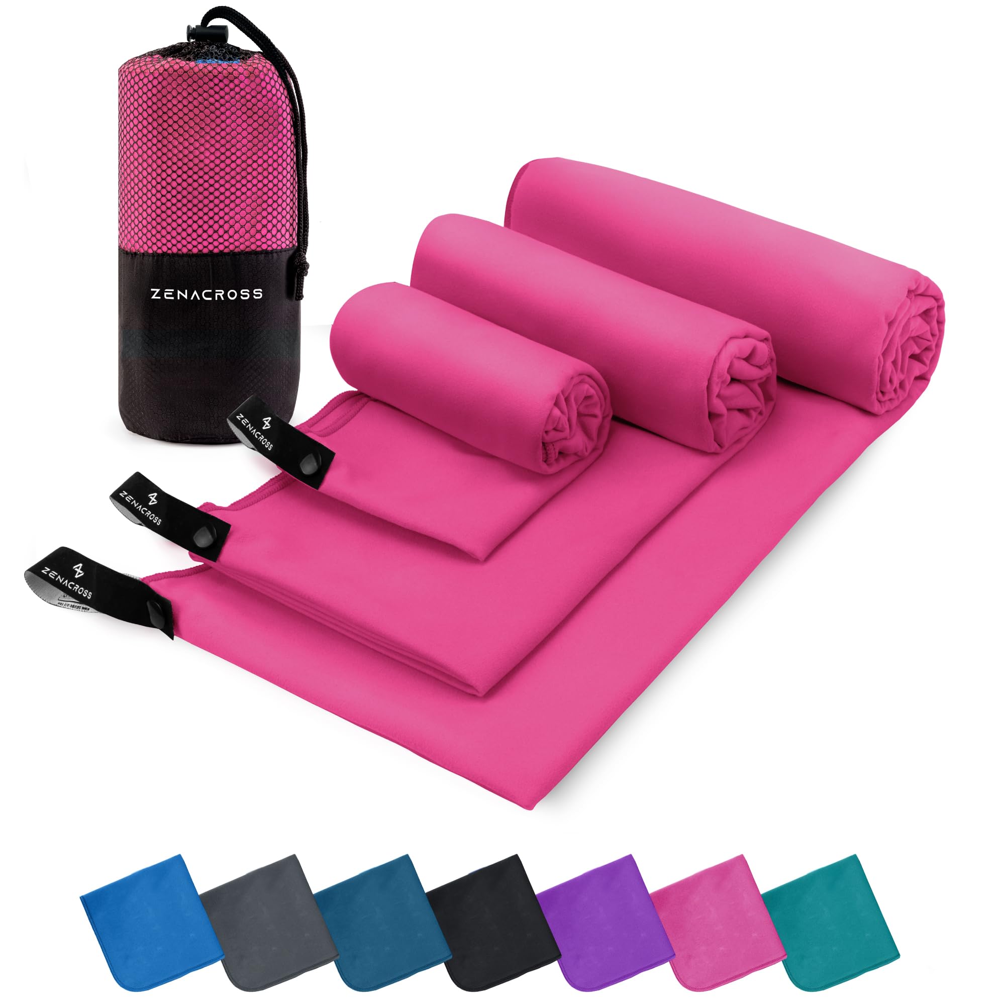 Zenacross Asciugamano Palestra Set di 3 con Borsa per il Trasporto - Asciugamano Microfibra a Rapida Asciugatura e Versatile - Telo Palestra Taglie XS, S, M - Rosa Brillante