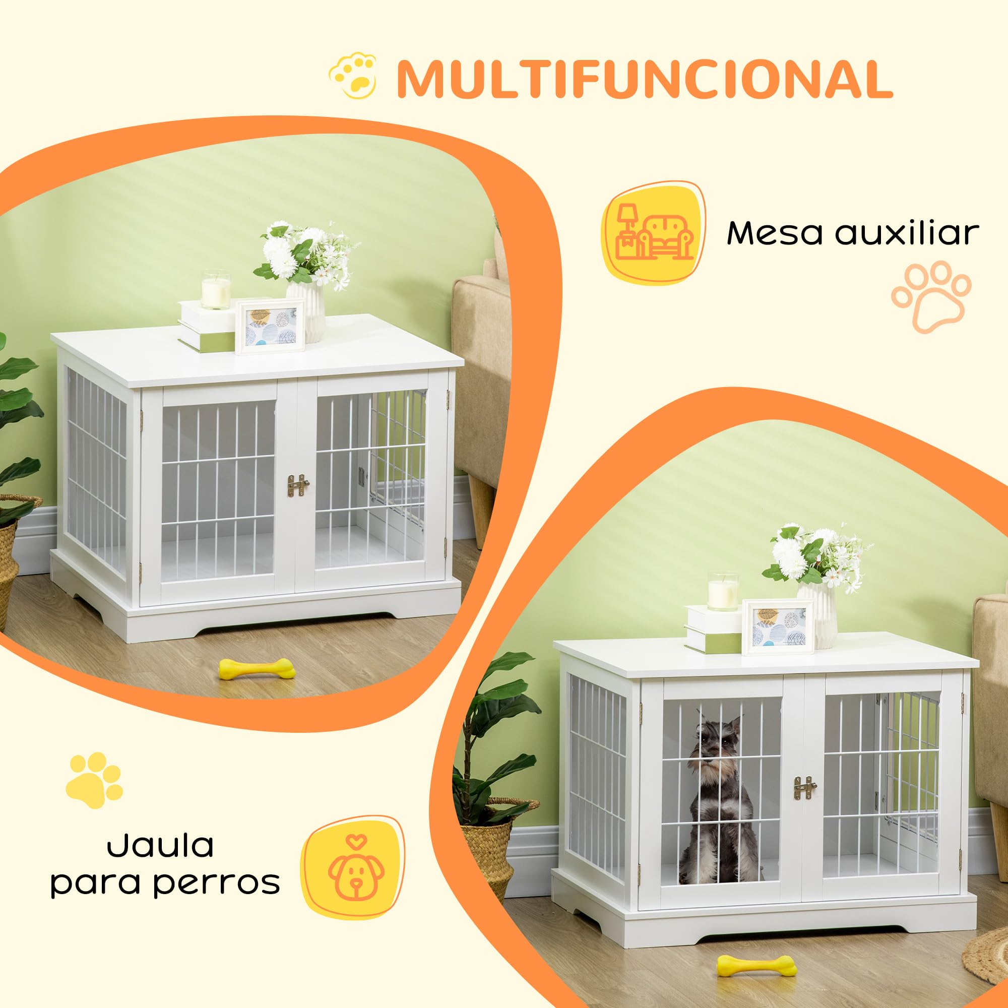 PawHut Jaula para Perros de Madera 76x54,5x56 cm Caseta para Perros con Mesa de Almacenamiento con Rejillas de Acero y 2 Puertas de Pestillo Blanco