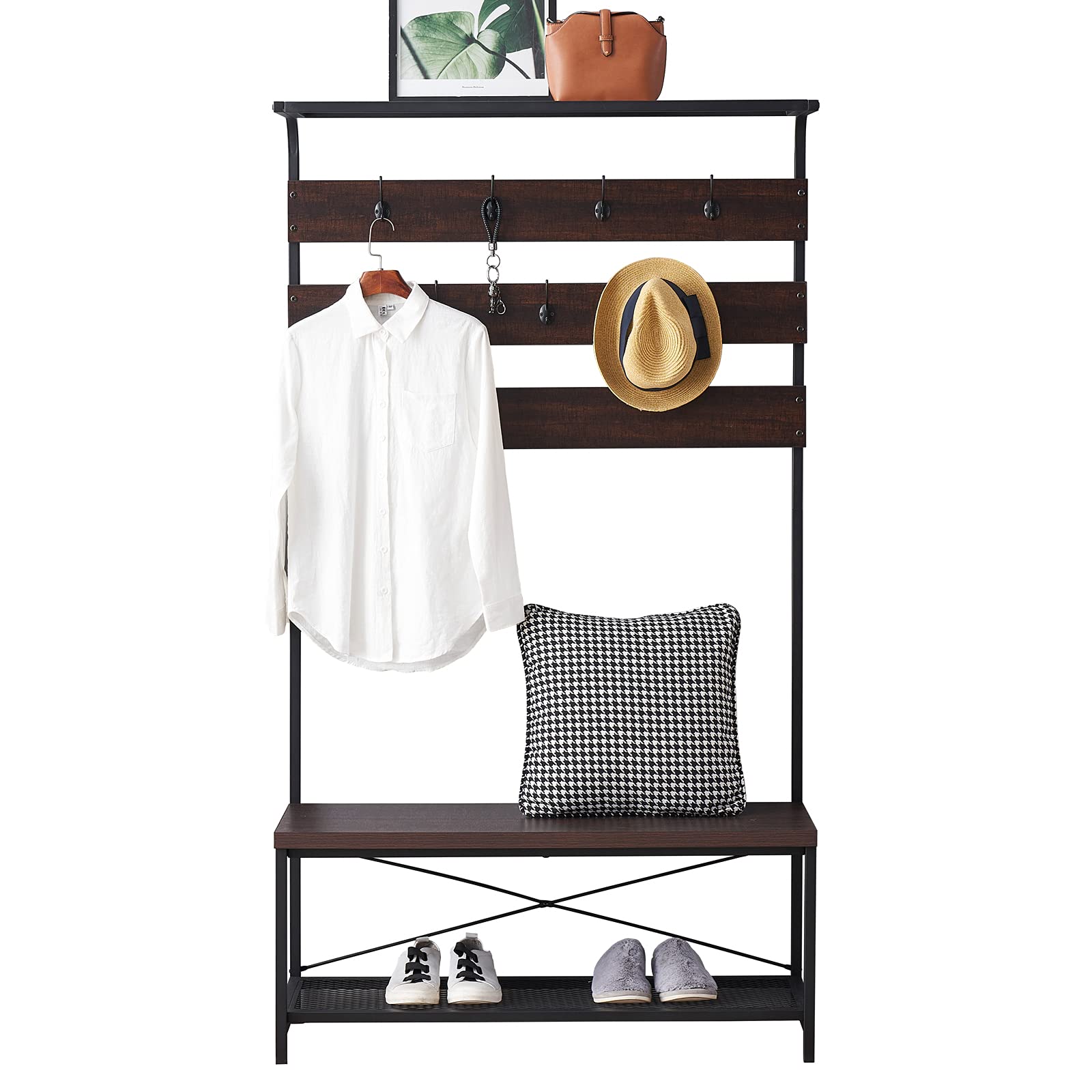 Entryway Coat Rack Bench, Modern Hall Tree with Storage Bench, Wood and Metal Hallway Bench with
