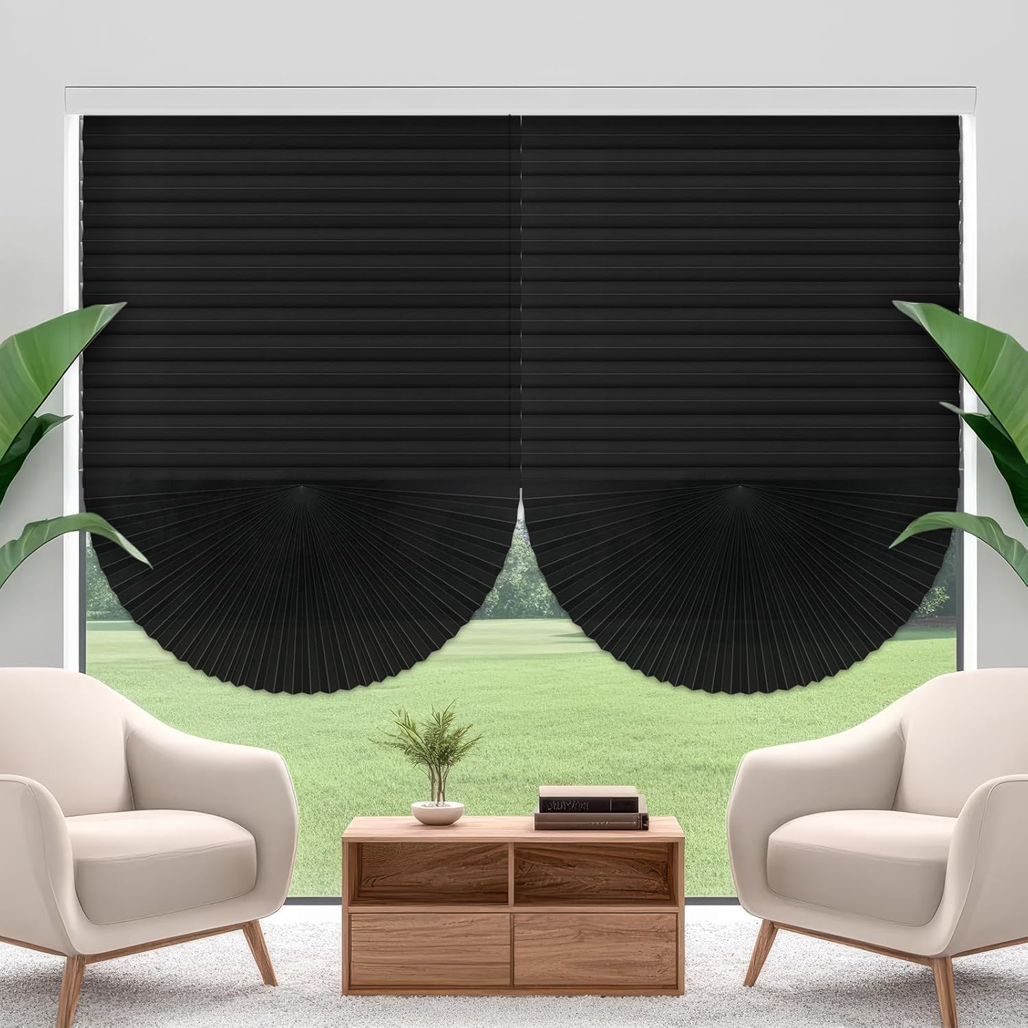 6 Pcs 35 x 110 Inches Blackout Temporary Blinds No Tools Cut to Size Fabric Paper Pleated Shades Adhesive Privacy Blinds for Window French Door Sliding Door Light Filtering (Black)
