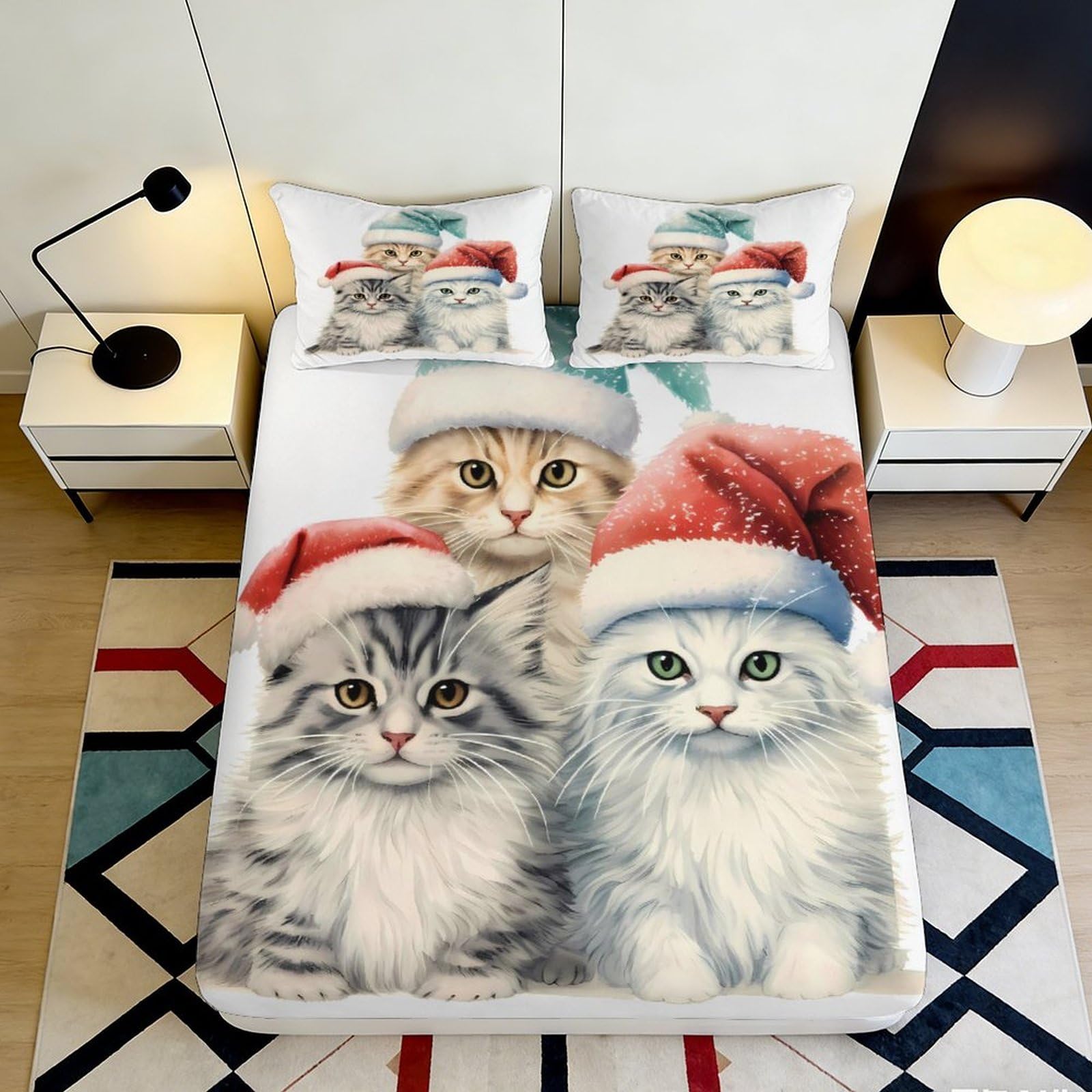 3D Printed Christmas Cat Fitted Sheet Microfiber Soft Decor Santa Hat Bed Cover for Bedroom Guest Room Dorm 90x200x25cm