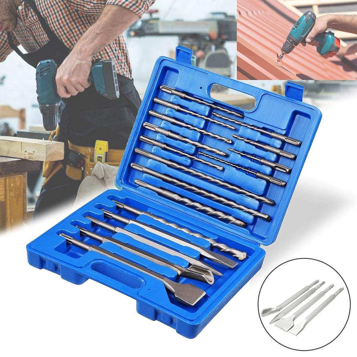 Juego de 17 brocas SDS, juego de brocas de martillo mixto y cincel con estuche de almacenamiento, accesorios de taladro de martillo giratorio para hormigón, azulejos, ladrillo, cemento (azul)