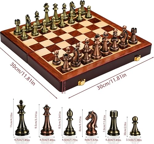 Miniatura 6 de Juego de ajedrez de metal retro de 12 pulgadas para adultos y niños, tablero de ajedrez de madera con piezas de ajedrez de metal, juego de ajedrez