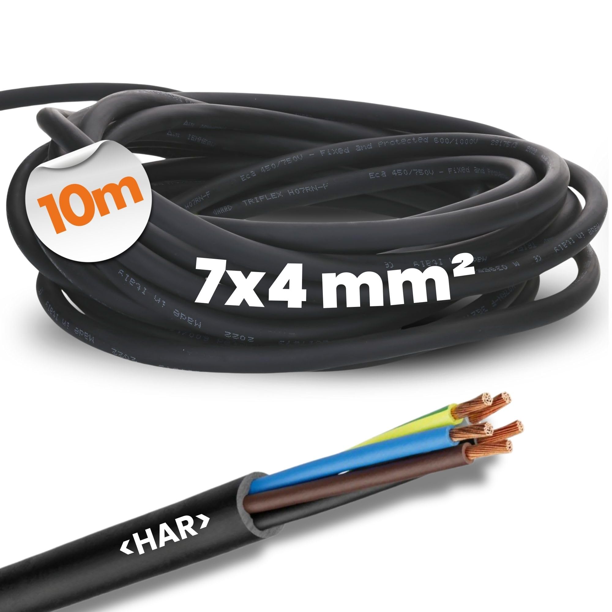 Lapp 1600161 H07RN-F 7G4 mm² - Cable de Goma Flexible y Resistente | Conductor de protección 7x4 mm2, manguera industrial ignífuga resistente al aceite, UV y frío para exterior.