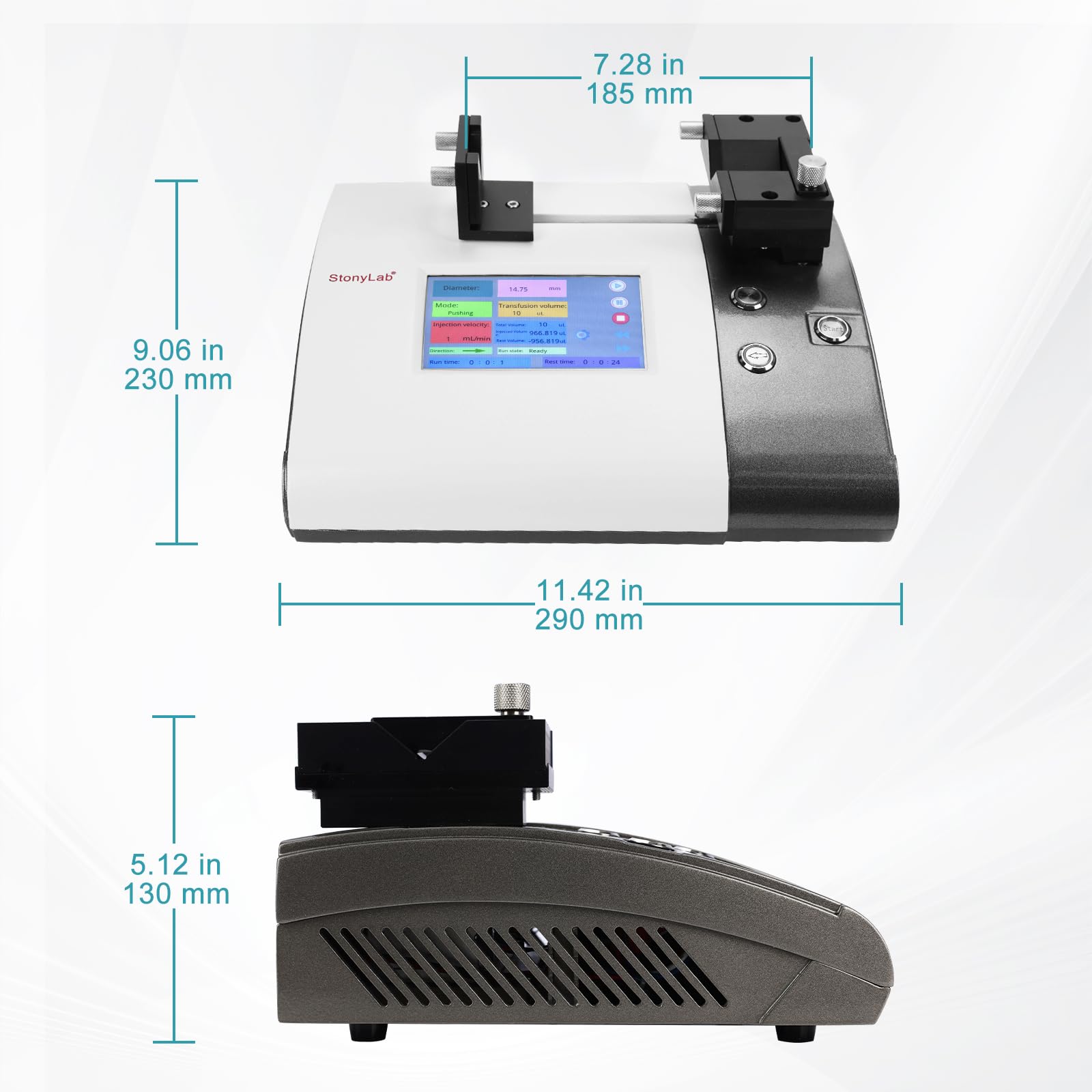 stonylab Einkanal-Spritzenpumpe, 0,5 nl/min - 388,86 ml/min, 5 μl - 150 ml Spritzen, Touchscreen, Fixe/Benutzerdef. Dia-Eingabe, RS232/485, für Lab-Flüssigkeitshandhabung