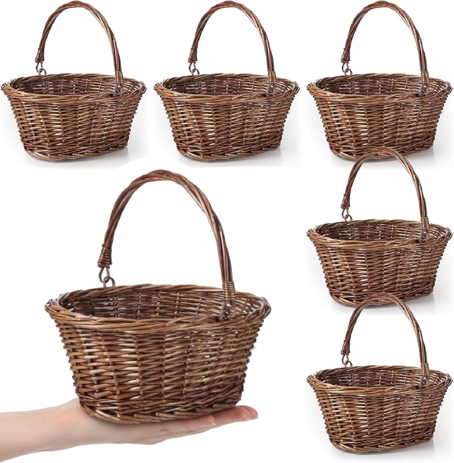 Barydat 6 Pcs Small Wicker Picnic Basket with Handle Flower Girl Baskets Oval Willow Woven Braided Gift Basket for Easter Weddings Baby Shower Home Garden Decor (Brown,9" x 7" x 4")
