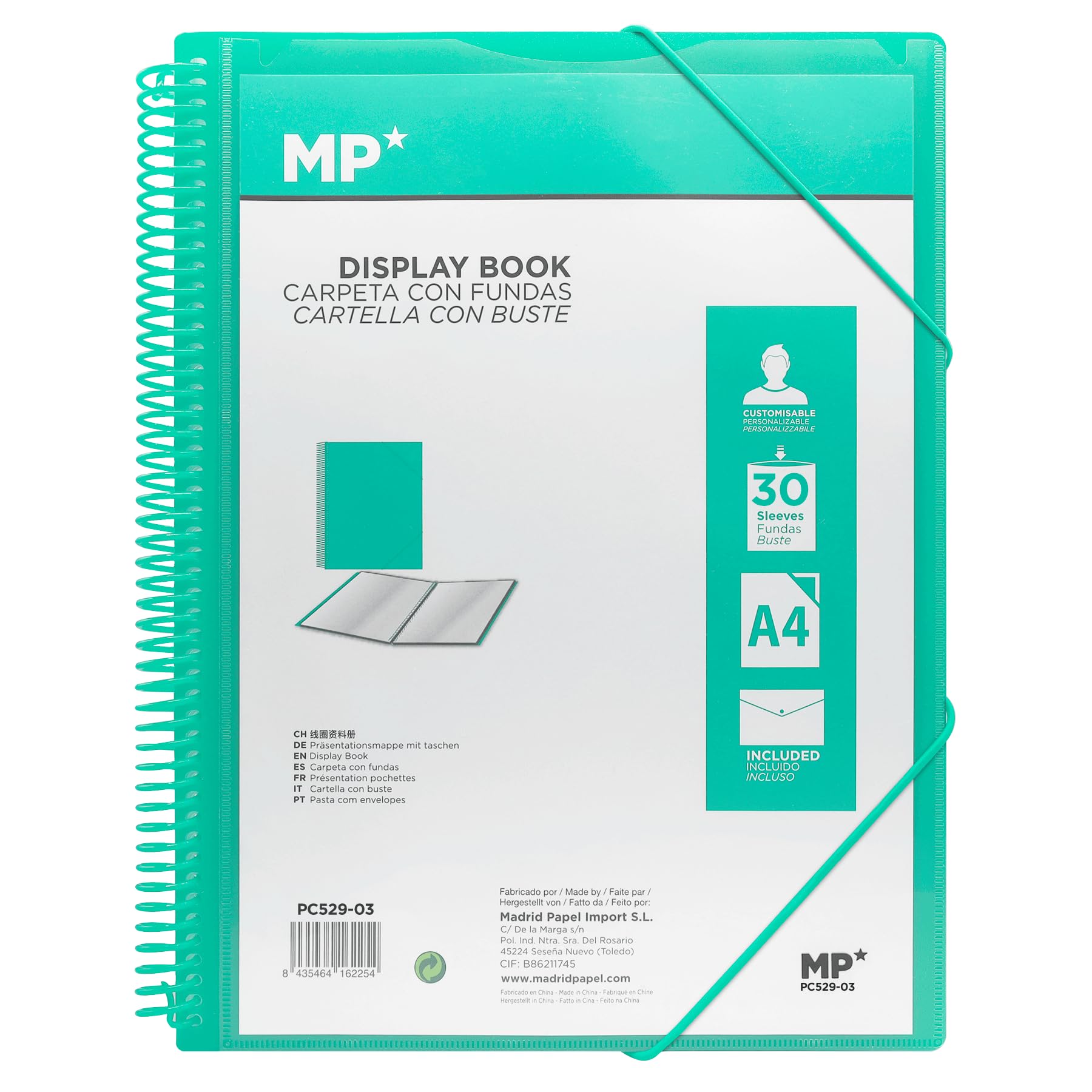 MP, 30- Pocket Folder, Spiral Binder, Sealing Rubbers, Clear Pockets, Display Folder, Includes One Envelope Binder with Button, Academic, Office, Turquoise Binder.