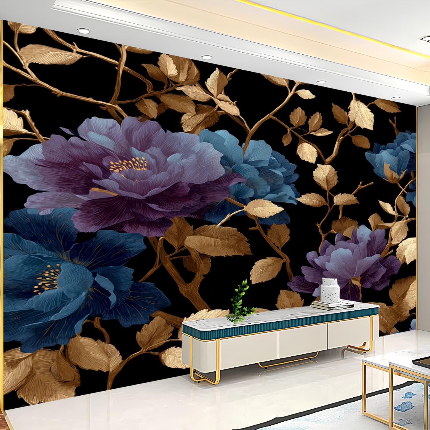 Générique Wodoodporna, bezzapachowa tapeta do wnętrz 350 x 256 cm rośliny i kwiaty retro zdejmowana fototapeta do dekoracji ścian czarna tapeta do mebli salon łazienka sypialnia szafa