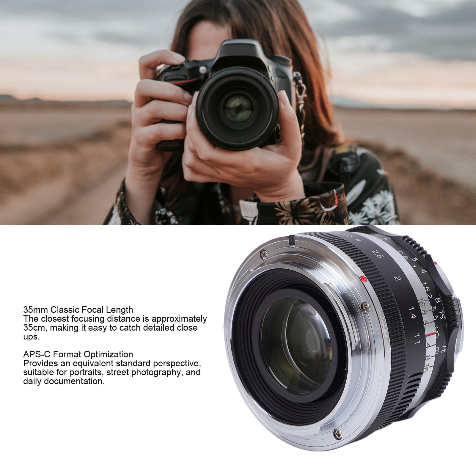 Cuifati Obiektyw 35mm F1.1 APS C do Kamer z Mocowaniem M Ręczne Ustawianie Ostrości 10 Ostrzy Przysłony z Metalowym Korpusem Dwustronna Osłona Przeciwsłoneczna do M6 M50 M5 M3 M200
