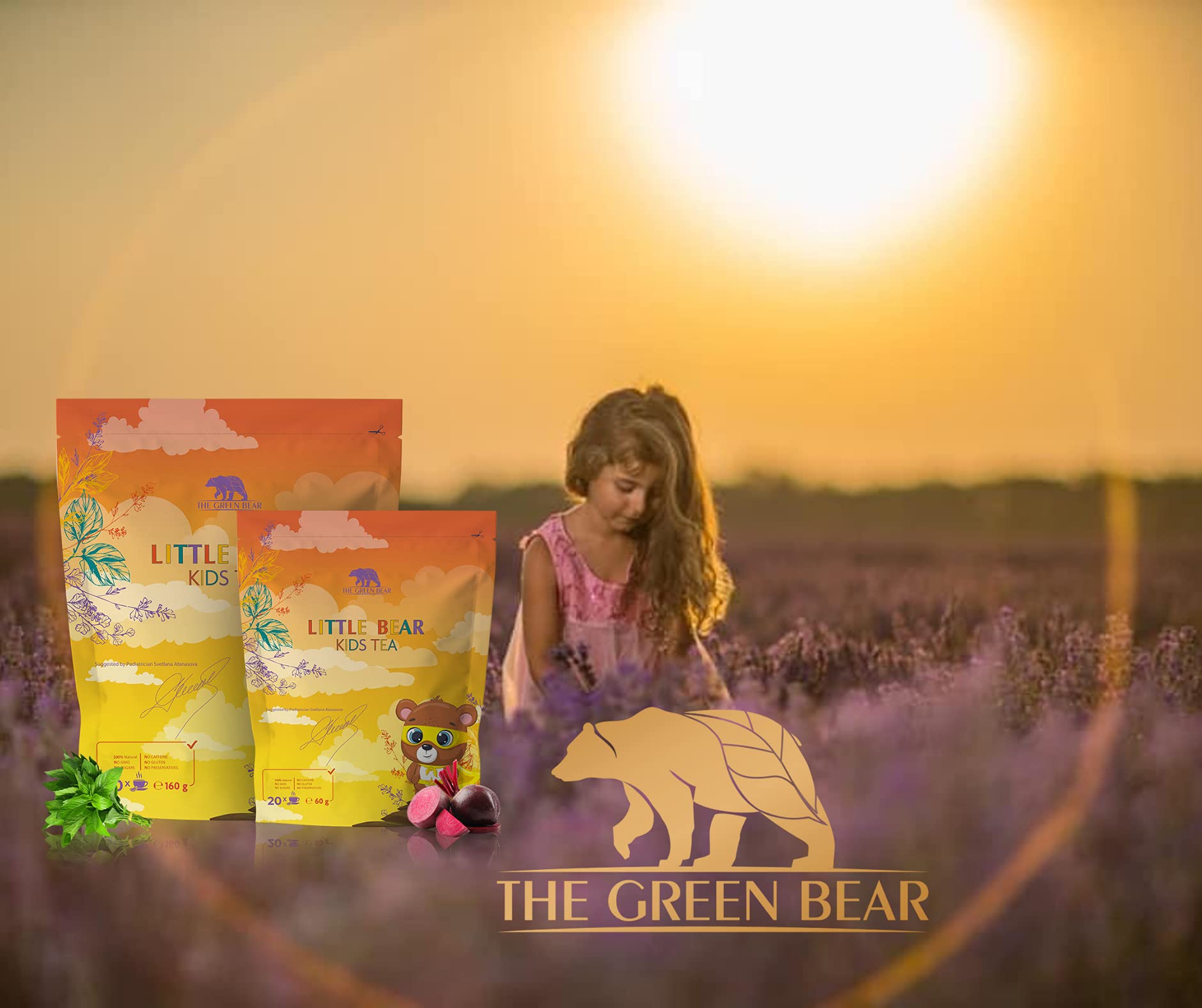 The Green Bear Baby Tea Baby Fenchel Tee mit natürlichen Rote Beete & Kamille Tee Blätter – Antioxidantireicher Kräutertee Zucker und koffeinfreier Tee – Gesunder Tee für Babys – 1 Pkg = 20 Dosen