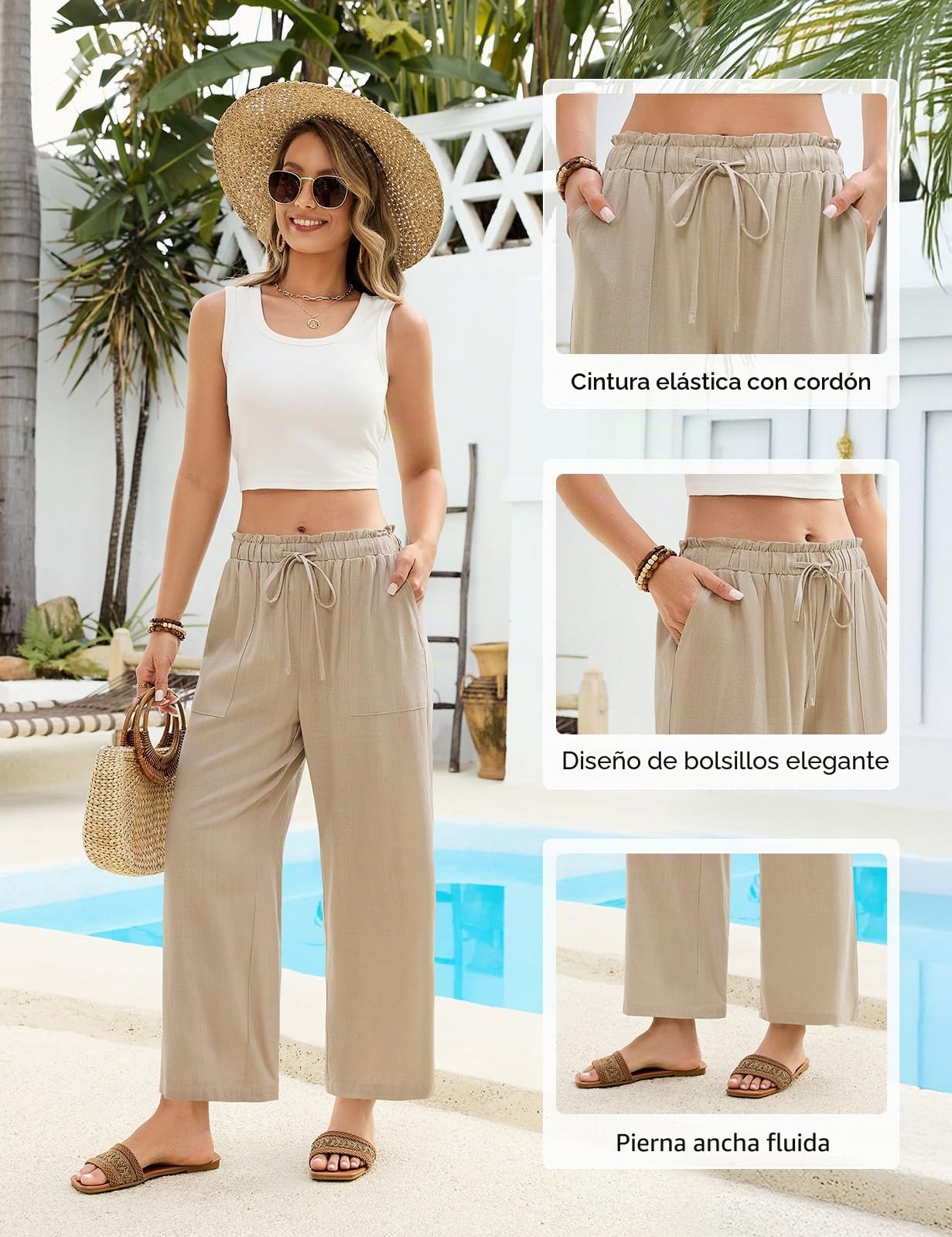 CMTOP Pantalones Mujer Verano Lino 7/8 Pantalon Cintura Elástico Pantalones Cómodos Ligero Casual Pantalon Flojo Playa Frescos Pantalón con Bolsillos