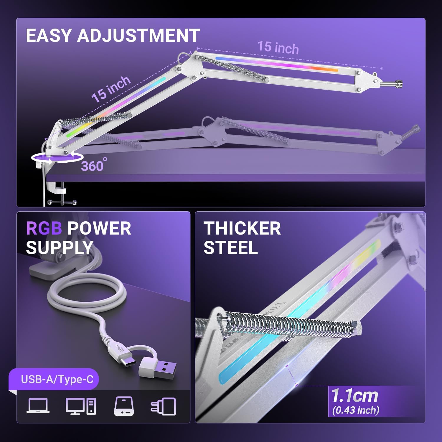 Image detailing the RGB power supply via USB-A/Type-C and the thickness of the steel construction (1.1cm).