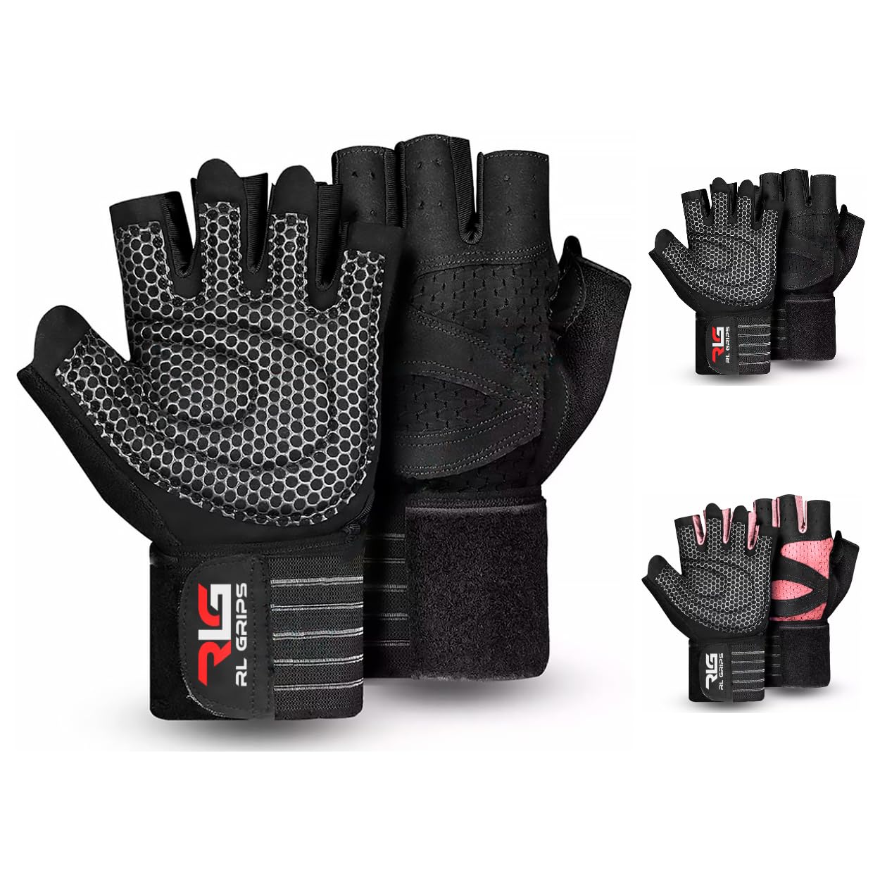 RL Grips Gants De Musculation Homme Femme – Grip Silicone Antidérapant, Soutien Poignet, Pouce Serviette – Crossfit, Haltérophilie, Fitness (Noir/Rose)