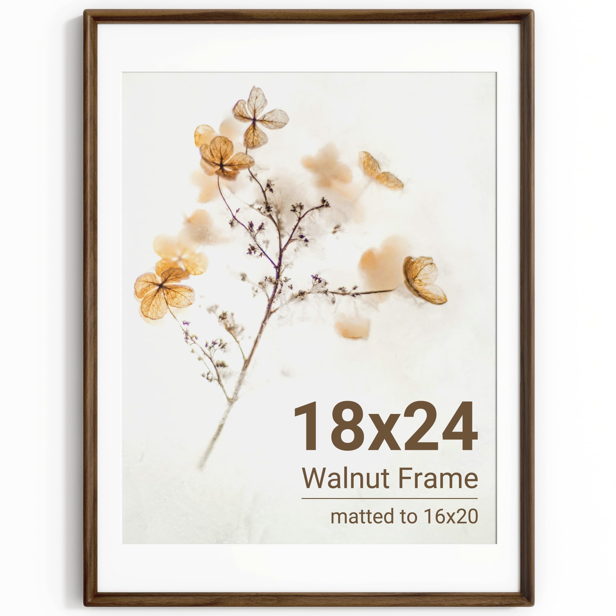KovaScape 18x24 Photo Frame, Solid Walnut Wood Picture Frame with HD Tempered Glass, Handcrafted Real Wood Frame with Mount for 16x20 Photo, Rounded Corner Design, Wall Hanging