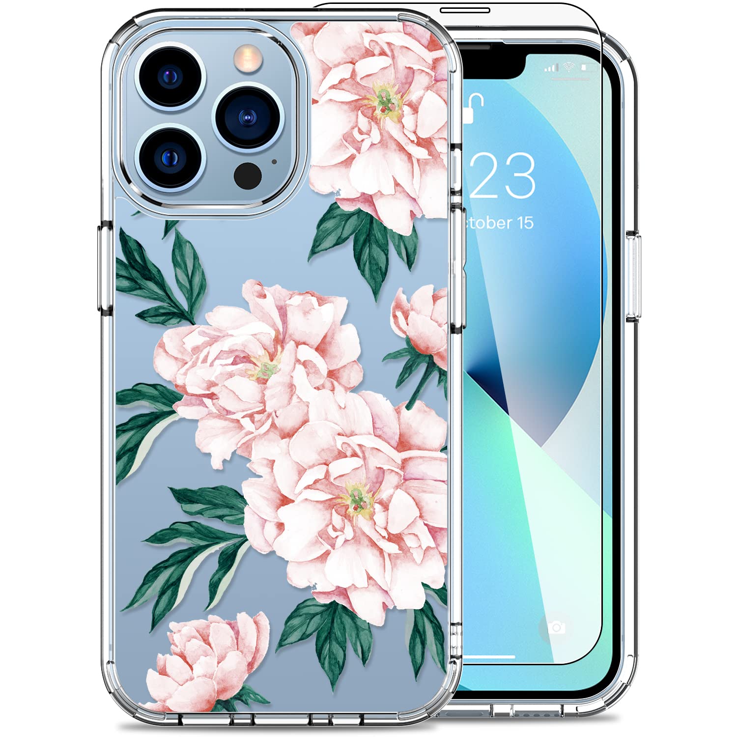 LUHOURI iPhone 13 Pro Case with Screen Protector,Clear Acrylic Cover with Fashion Cute Designs for Women Girls,Slim Fit Durable Protective Phone Case for iPhone 13 Pro 6.1" Floral Blooming Blossom