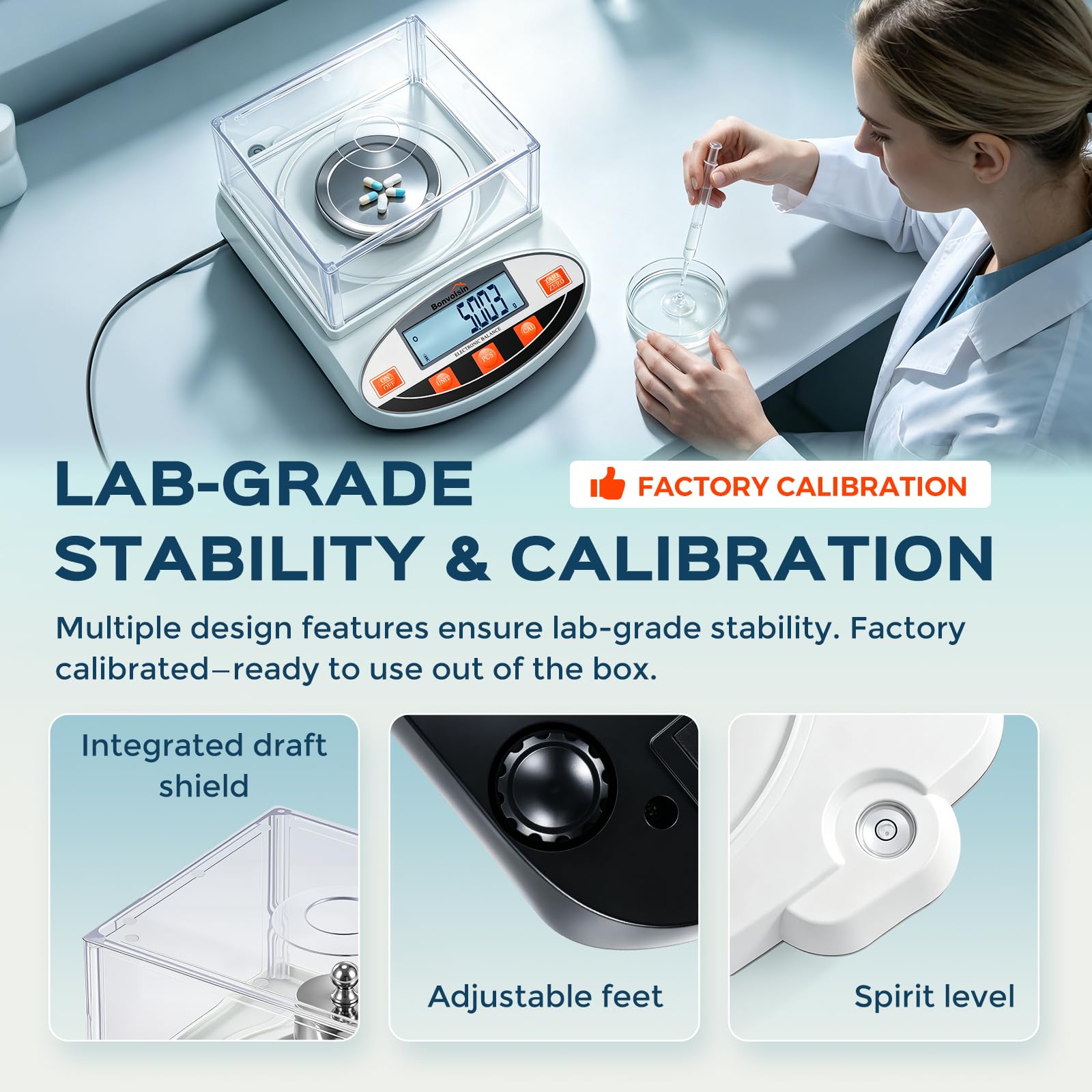 Balanza analítica de laboratorio Bonvoisin Báscula de laboratorio de alta precisión Báscula electrónica de precisión 1mg Báscula digital para joyas con parabrisas (500g x 0.001g negro)