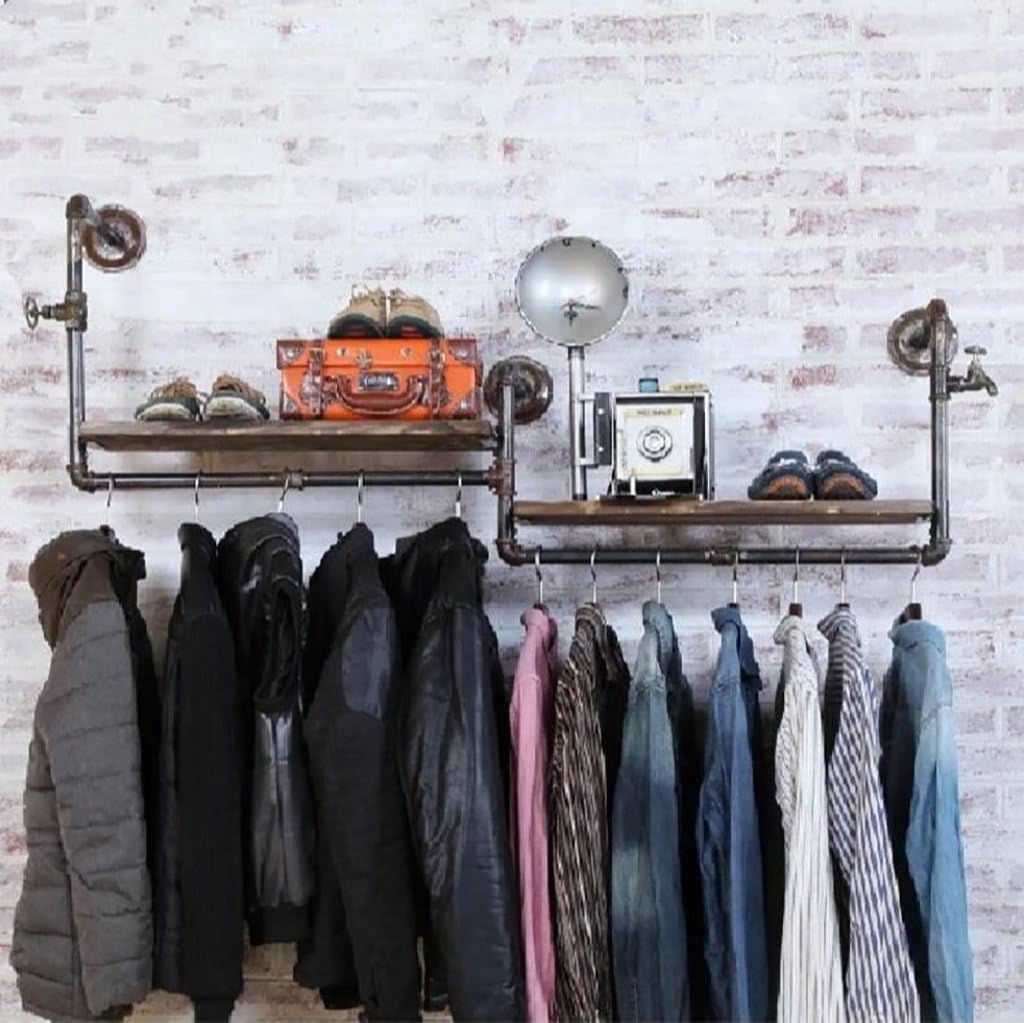 GJymj Coat Racks Clothing Store Clothing Wooden Display Stand Retro Iron Water Pipe Wall-mounted Side-mounted Hanging Racks Shelves Racks