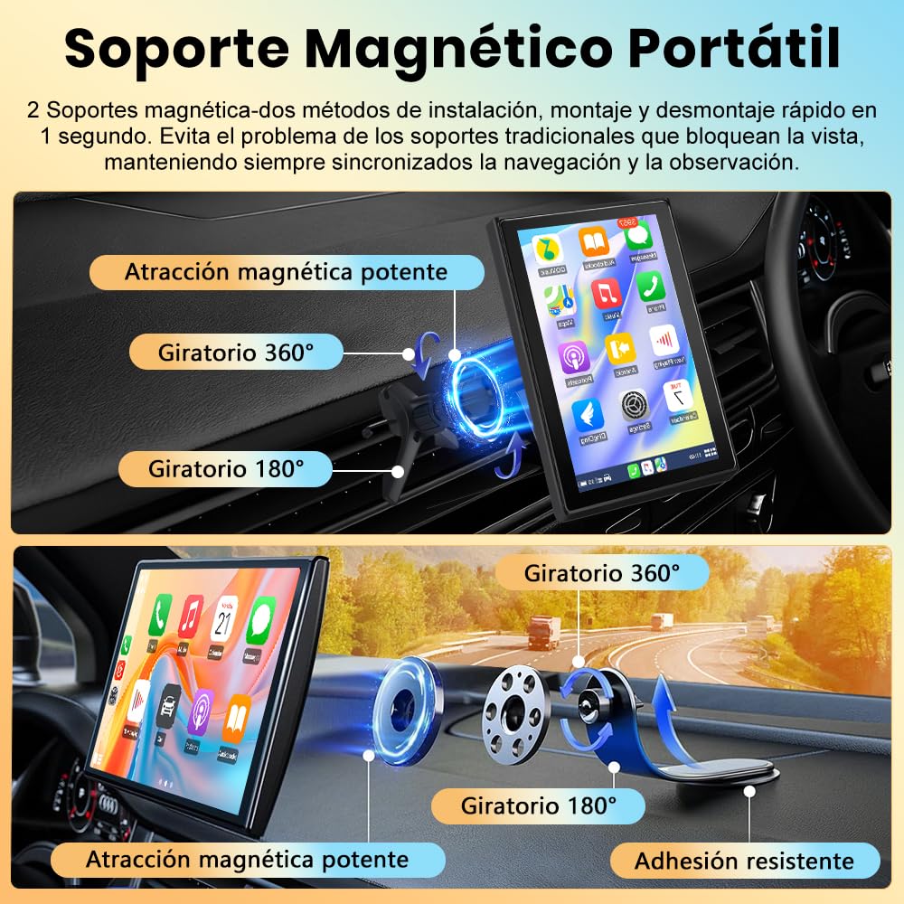 Junsun Pantalla para Coche 7" con CarPlay/Android Auto Inalámbrico, Pantalla Táctil con Soporte Magnético, Bluetooth, MirrorLink, FM y Cámara Trasera