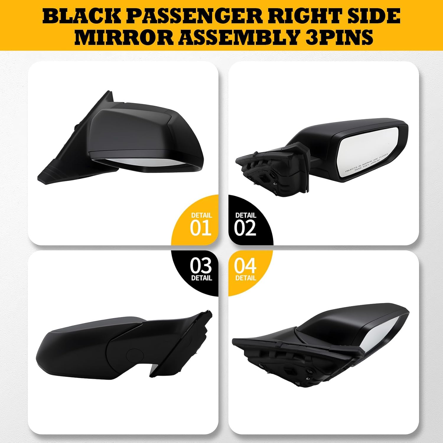 Passenger Right Side Mirror Assembly Compatible with Malibu 2016-2024 Side Door Mirror Manual Fold GM1321538 84705490-PFM (‎Black 3 Pins)