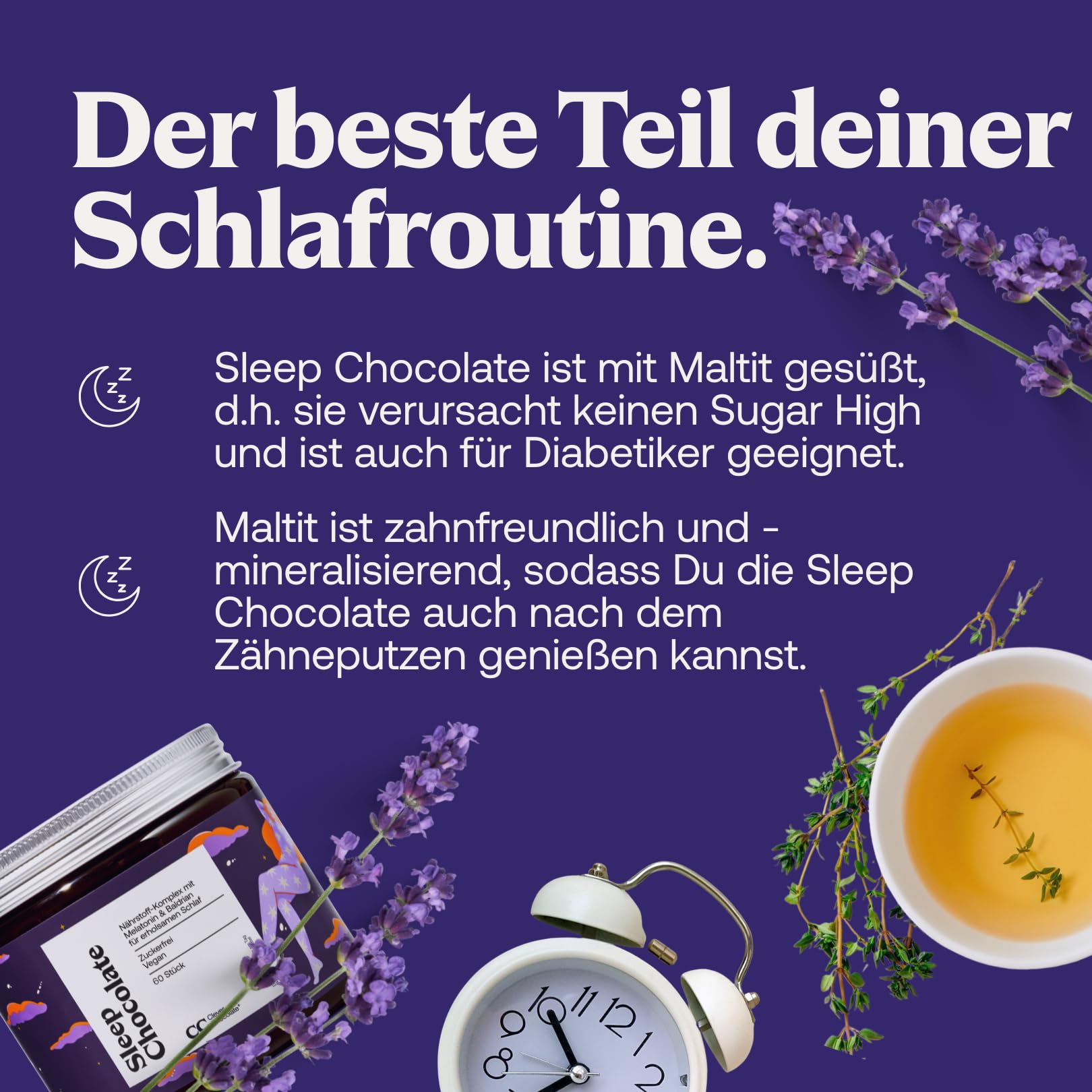 Sleep Chocolate - Melatonin, Baldrian, Vitamin B6 - verkürzte Einschlafzeit, Entspannung, Beruhigungsmittel, Einschlafhilfe - Zuckerfrei - Vegan - 60 Stück - Made in Germany - Clever Chocolate