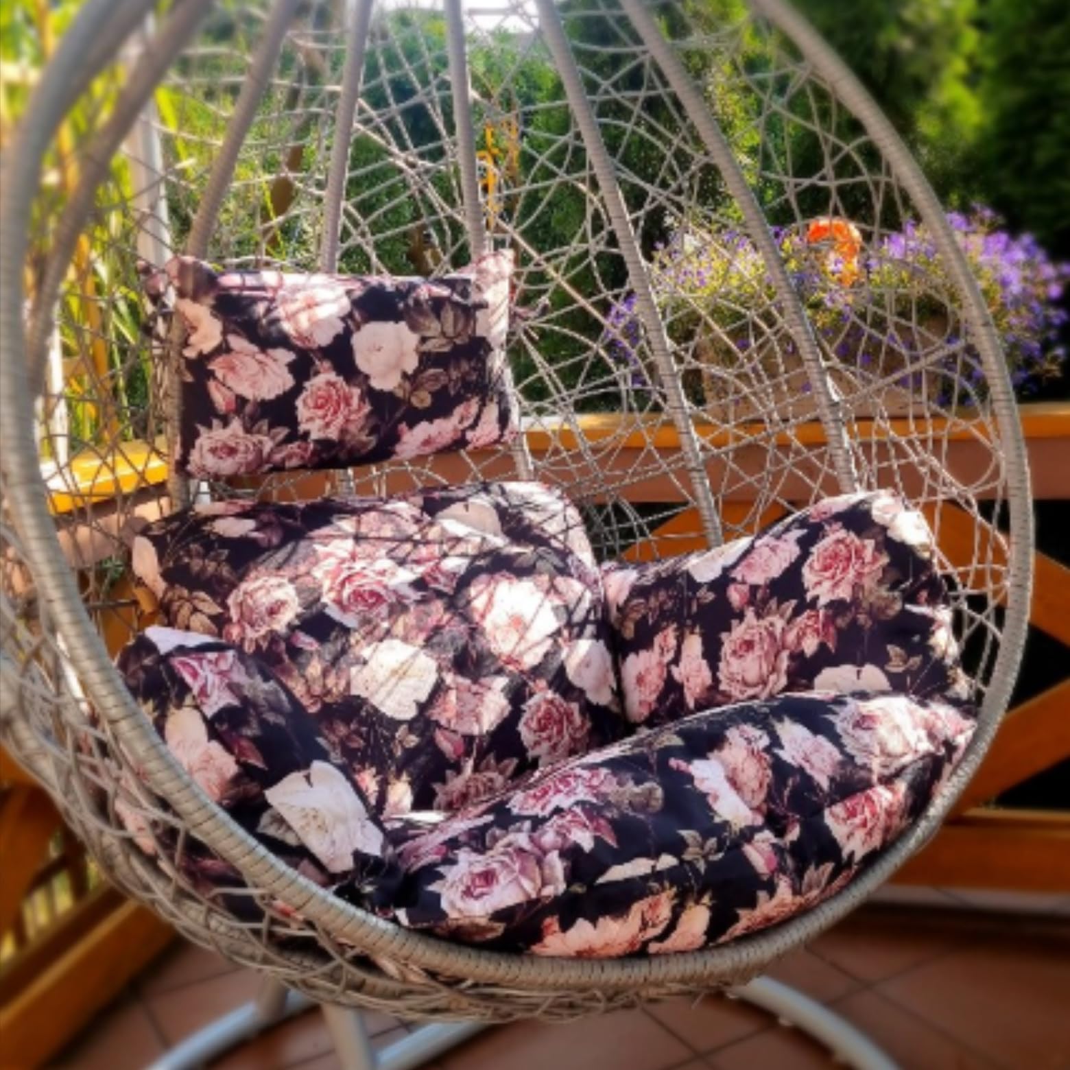 Cuscino per sedia sospesa, cuscino da giardino, cuscino per altalena sospesa, cuscino per sedile del cesto sospeso. (Nero + Rose)