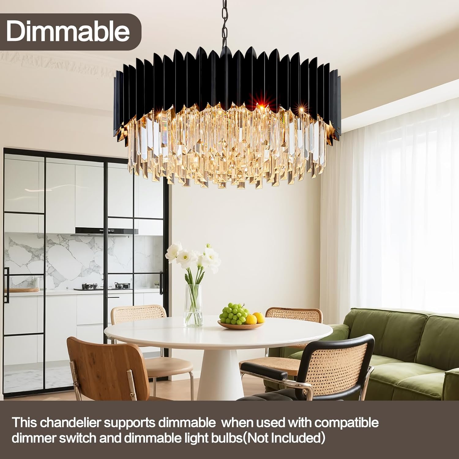 Modern Black Crystal Chandelier 24" Round Chandeliers 8-Lights Ceiling Pendant Light Fixtures 5 Tiers for Dining Room Living Room Bedroom Foyer Entryway