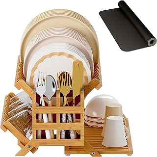 Greenual Bamboo Dish Drying Rack with Utensil Holder, 3 Tier Collapsible Dish Rack, Wooden Dish Racks for Kitchen Counter, Large Folding Drying Holder with Absorbent Dish Drying Mat