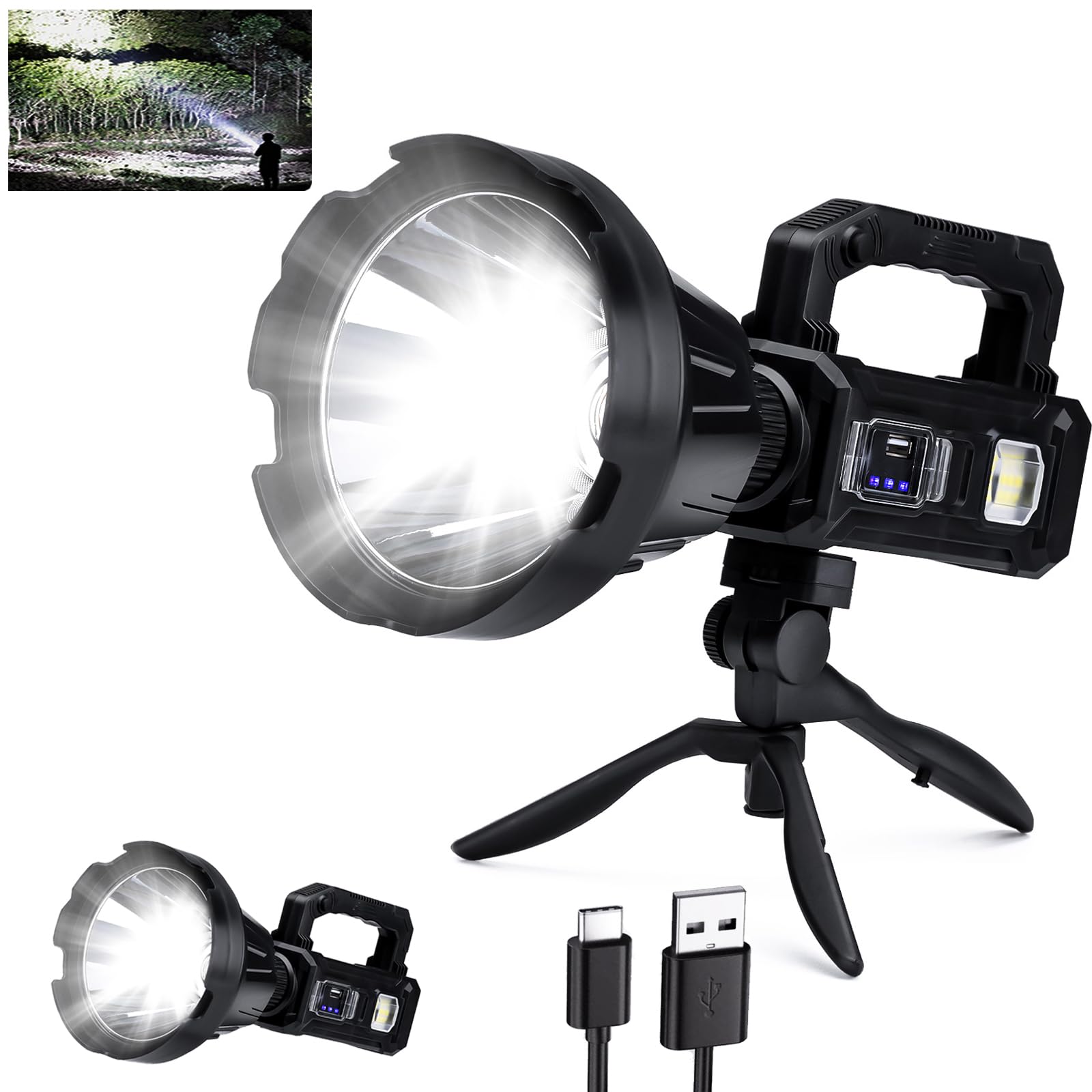 Spot solaire rechargeable, 2 000 000 L de lumens élevés, lampe de poche d'extérieur super lumineuse longue portée avec 6 modes, 3 filtres colorés, trépied, USB C, étanchéité IPX6 pour la pêche