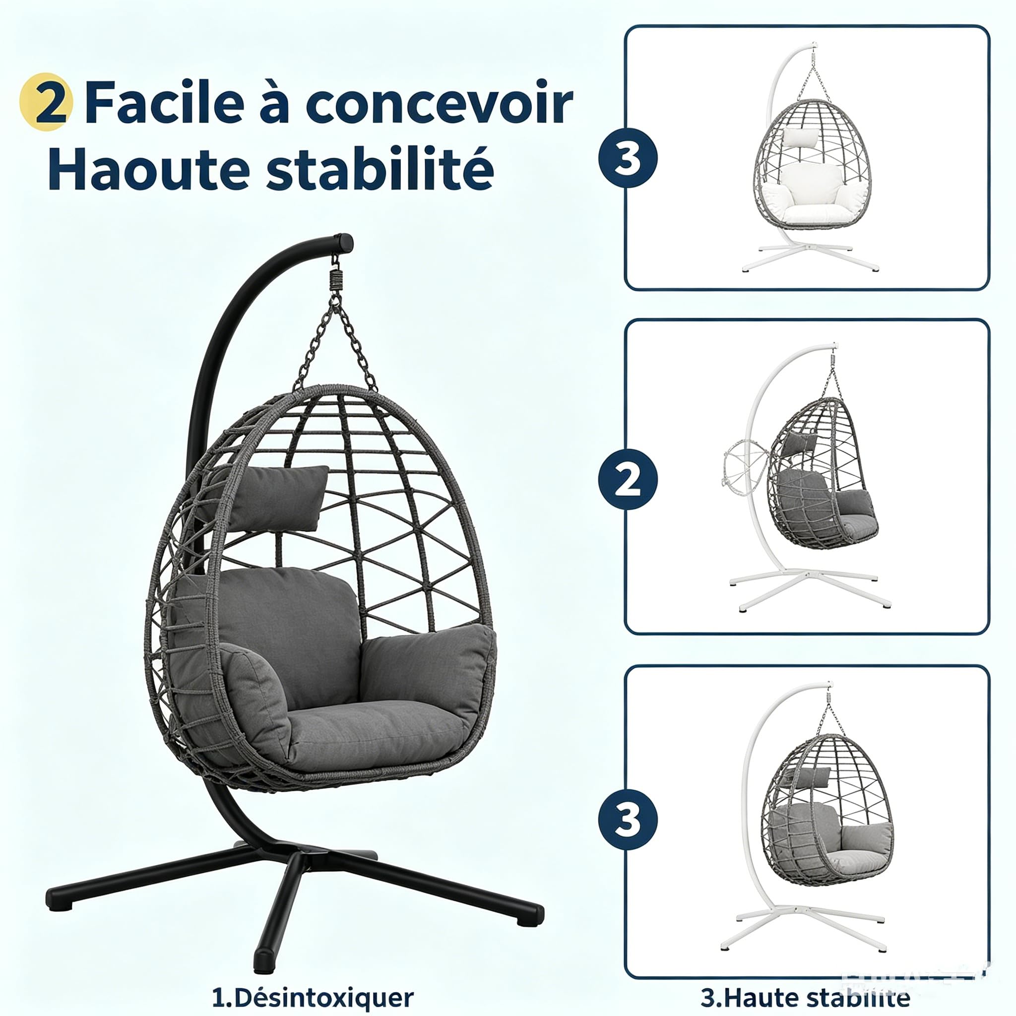Fauteuil Suspendu Extérieur avec Support, Coussin Épais，Charge 150kg-Gris