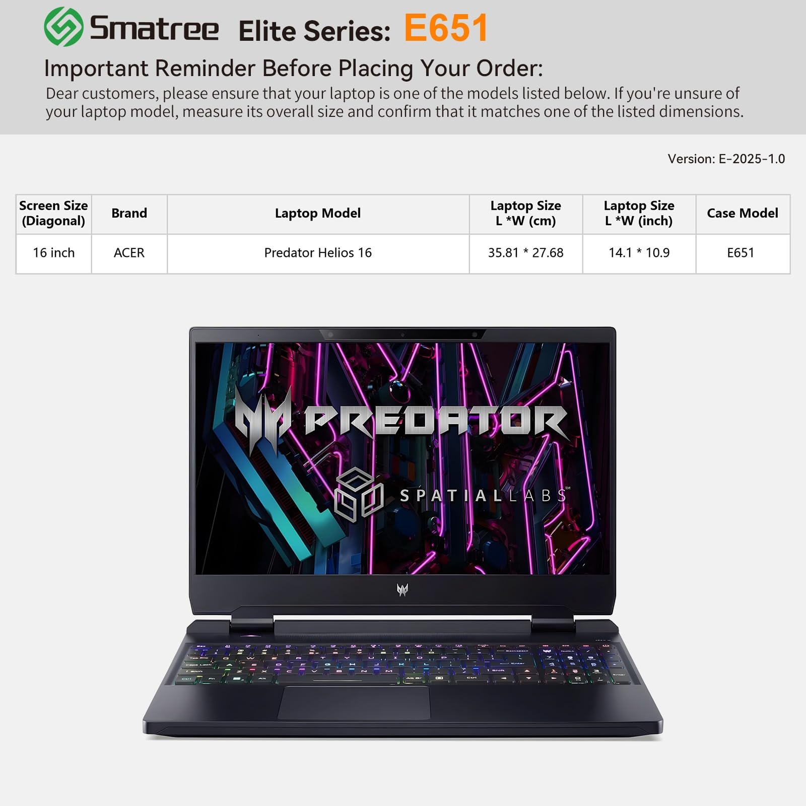 Smatree Pokrowiec na laptopa 40.6 cm Acer Predator Helios 16 gamingowy laptop, etui na komputer z kieszenią na akcesoria, zamek błyskawiczny YKK, opatentowany projekt Super-Corner (E651)