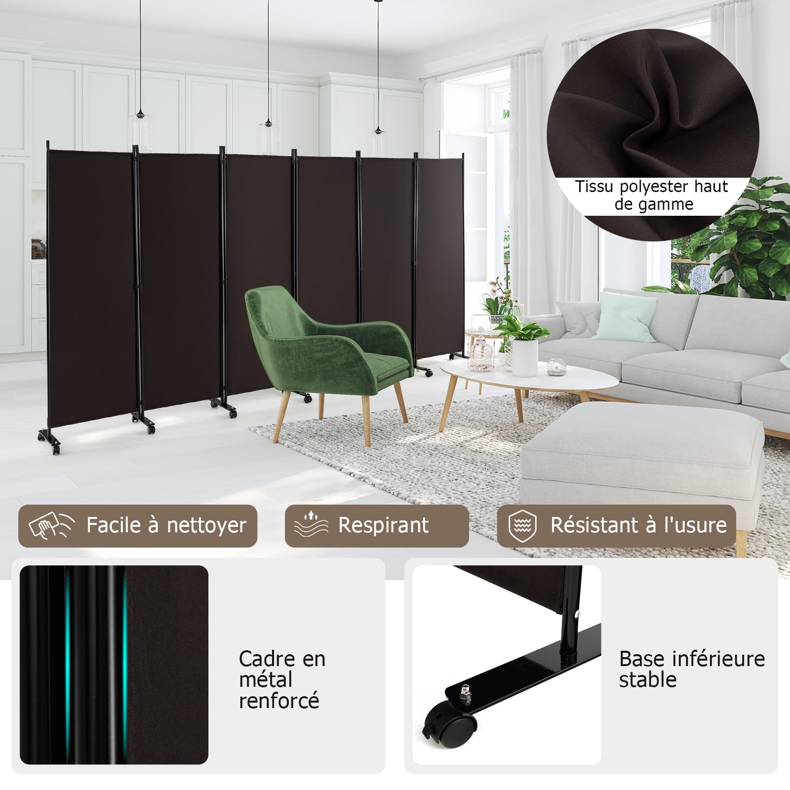 GIANTEX Paravent intérieur sur roulettes - 6 pièces - 334,5 x 172 cm - Paravent Pliable en Tissu - avec Pieds Larges -Protection privée (Marron)