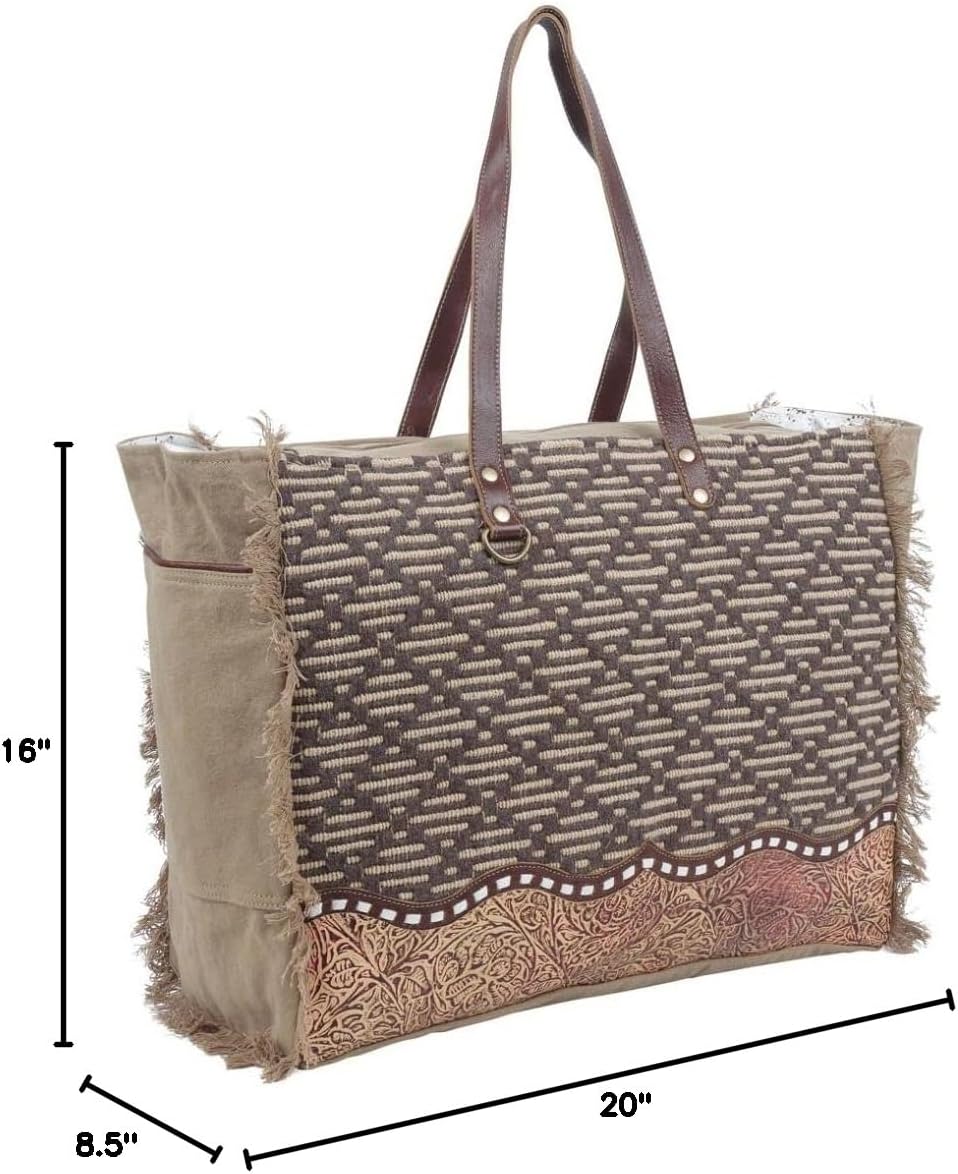 Myra Bag Oversized Tote Bag for Women - Canvas Weekender Purse with Genuine Leather Detailing, Extra Large Tote for Women