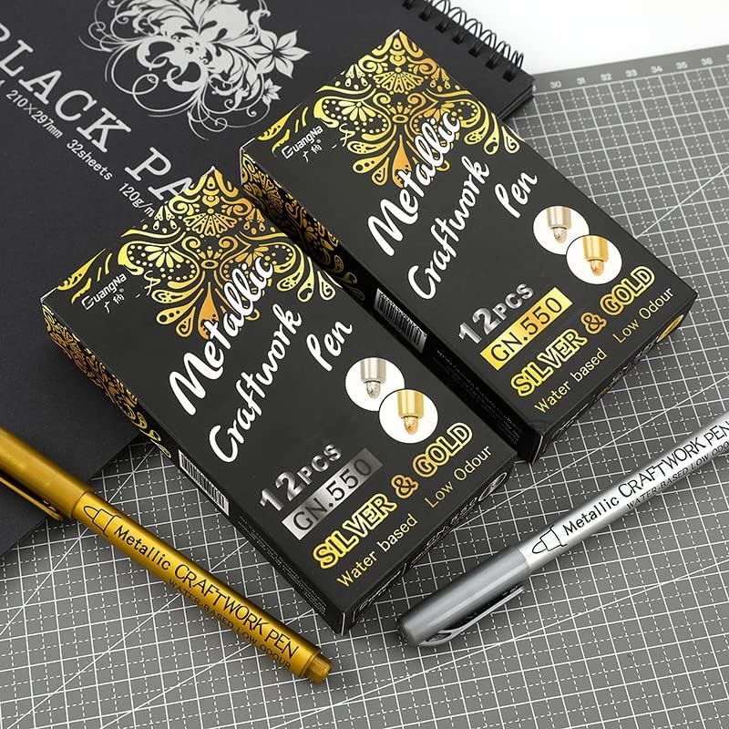 Gold and Silver Metallic Markers, Fine Point Gold and Silver Metallic Marker Pens for Adult Coloring, Black Paper, Scrapbooking, Fabric, Artist Illustration, DIY Photo Album, Set of 12 (Silver)