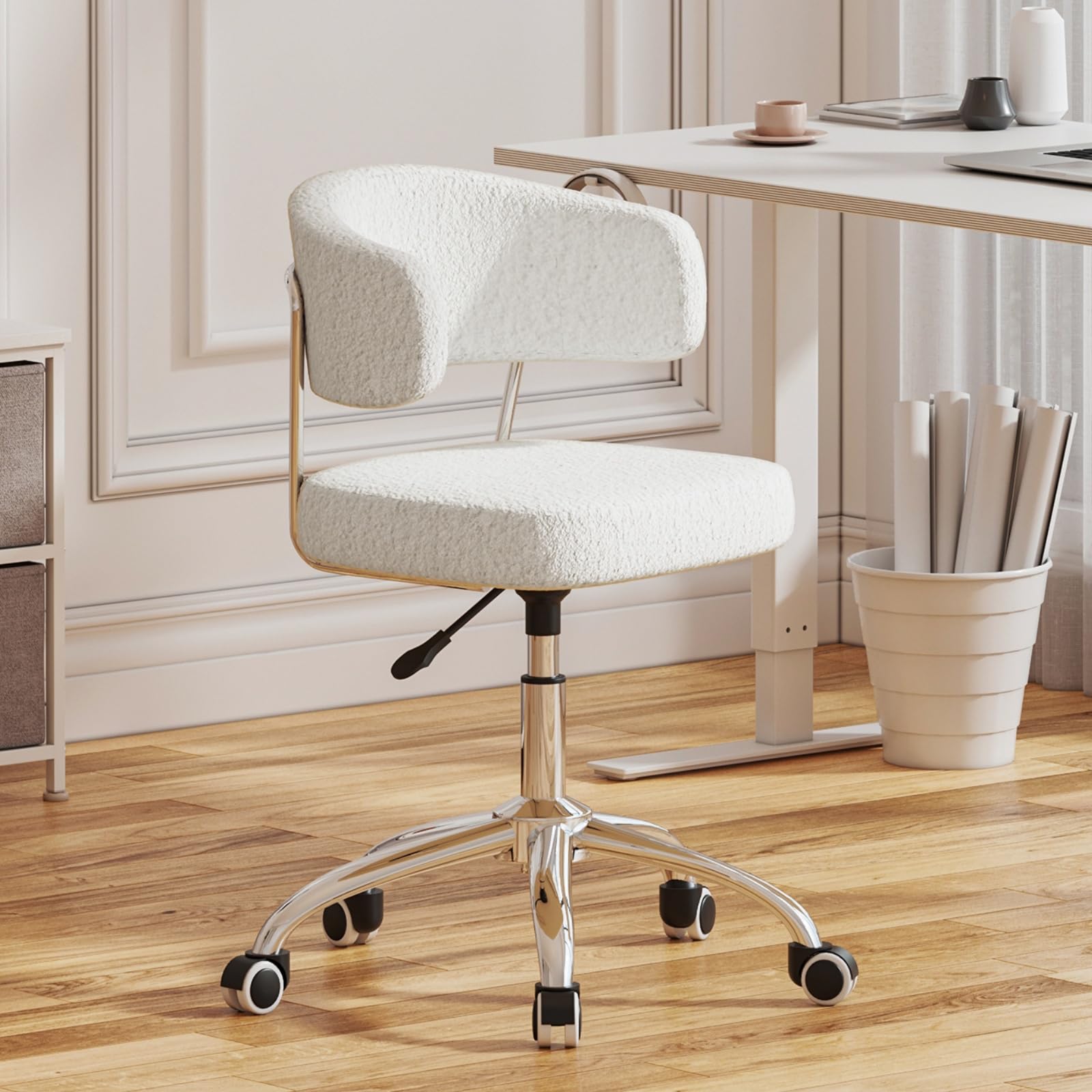 Outwin Desk Chair Cream Swivel Office Chair PU Leather Padded Computer Chair with Castor Wheels and Adjustable Height — image 1