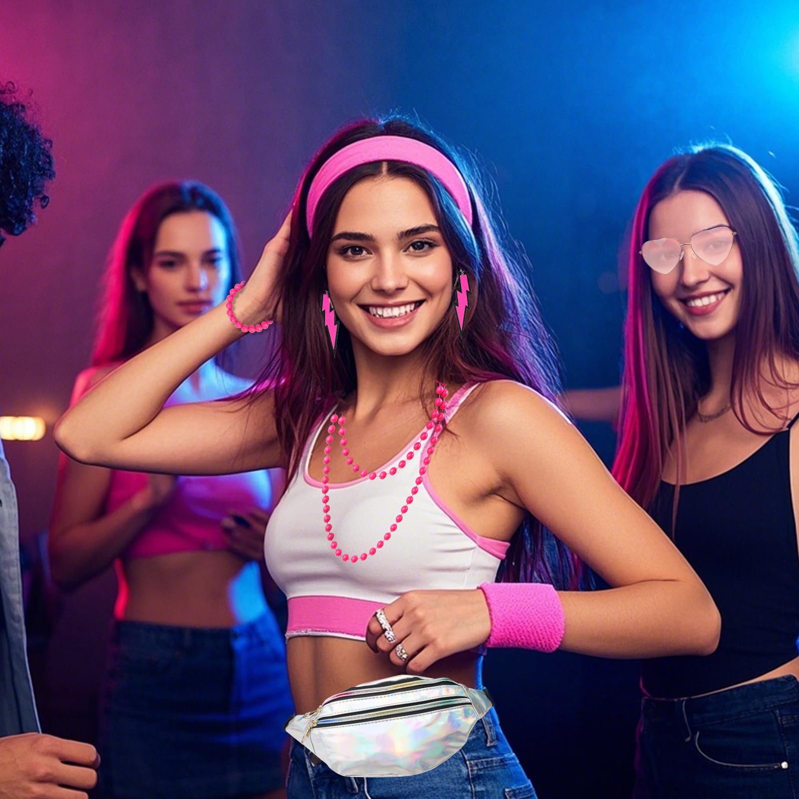 Déguisement rétro style années 80 pour femmes et filles, ensemble d' accessoires de fête avec sac banane, tutu, jambières, boucles d'oreilles, gants, collier, lunettes, bracelet, bandeau