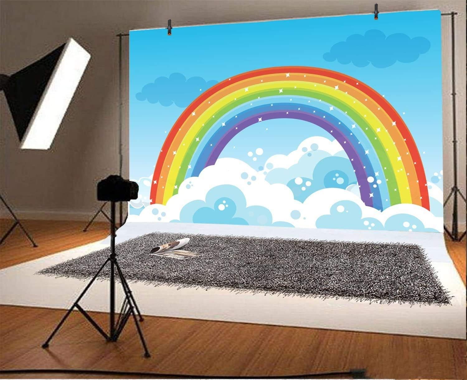 YongFoto Fotohintergrund 3x2m – Bunter Regenbogen Mit Wolken & Blauem Himmel Für Kinderfotos, Geburtstag, Babyparty