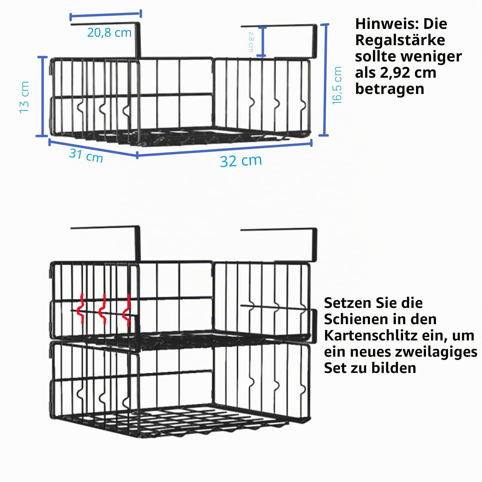 Aufbewahrungskörbe unter dem Regal, 2 Stück – 31,9 cm großes Metall-Unterschrankregal, hängende Drahtkorbregale, Unterregal-Aufbewahrungskorb für Bücherregal in der Küche, Speisekammer