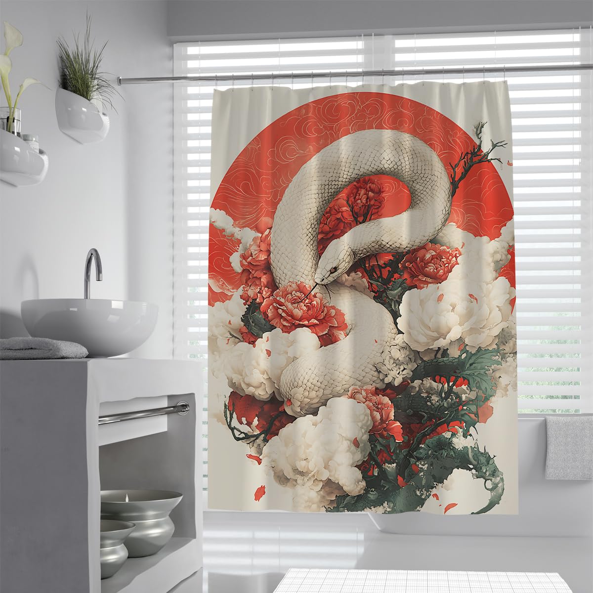 UERWOWELL Japanese White Snake Shower Curtain Oriental Red Sun Crimson Peony Flower Blossom Asian Restroom Decoration Waterproof Fabric Bath Curtains W200xL200 cm