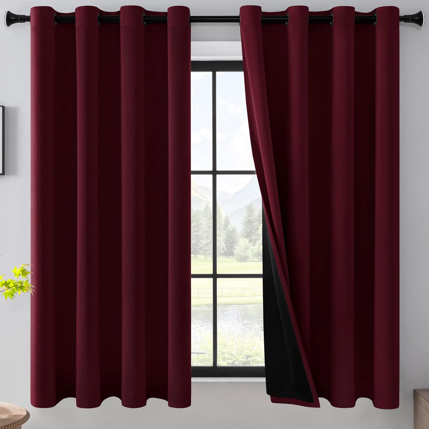 Rutterllow 52x54 inch Short Blackout Curtains for Living Room - Two Layers with Black Liner Grommet Top Noise Reduction Privacy Window Treatment Drapes for Bedroom/Kitchen (Burgundy Red, 2 Panels)