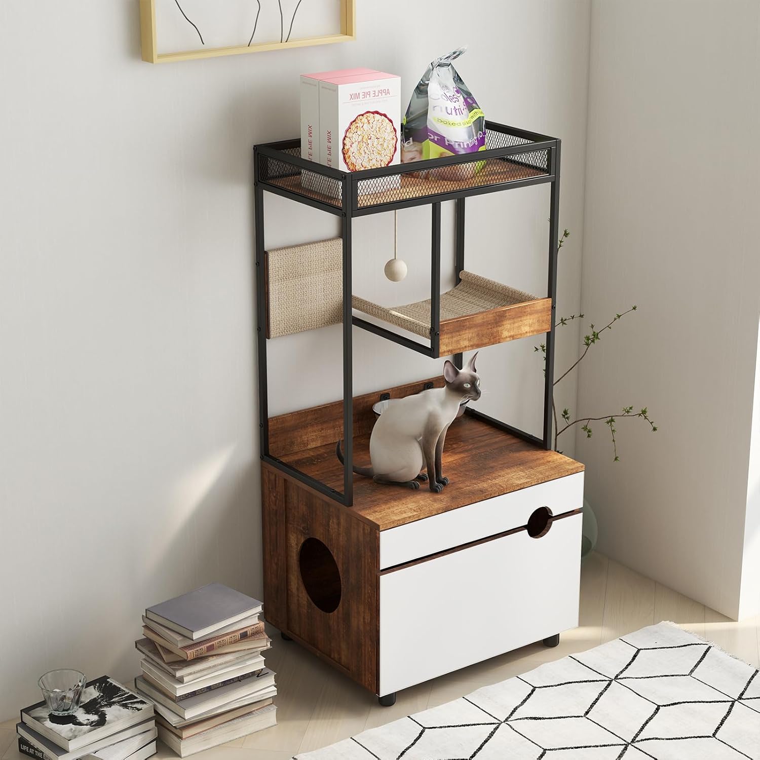 Cat Litter Box Enclosures with Storage Shelves，3 Level Cat Tree Tower with Elevated Cat Feeding Bowl,Hidden Cat Washroom,Cat Condo for Living Room，Brown
